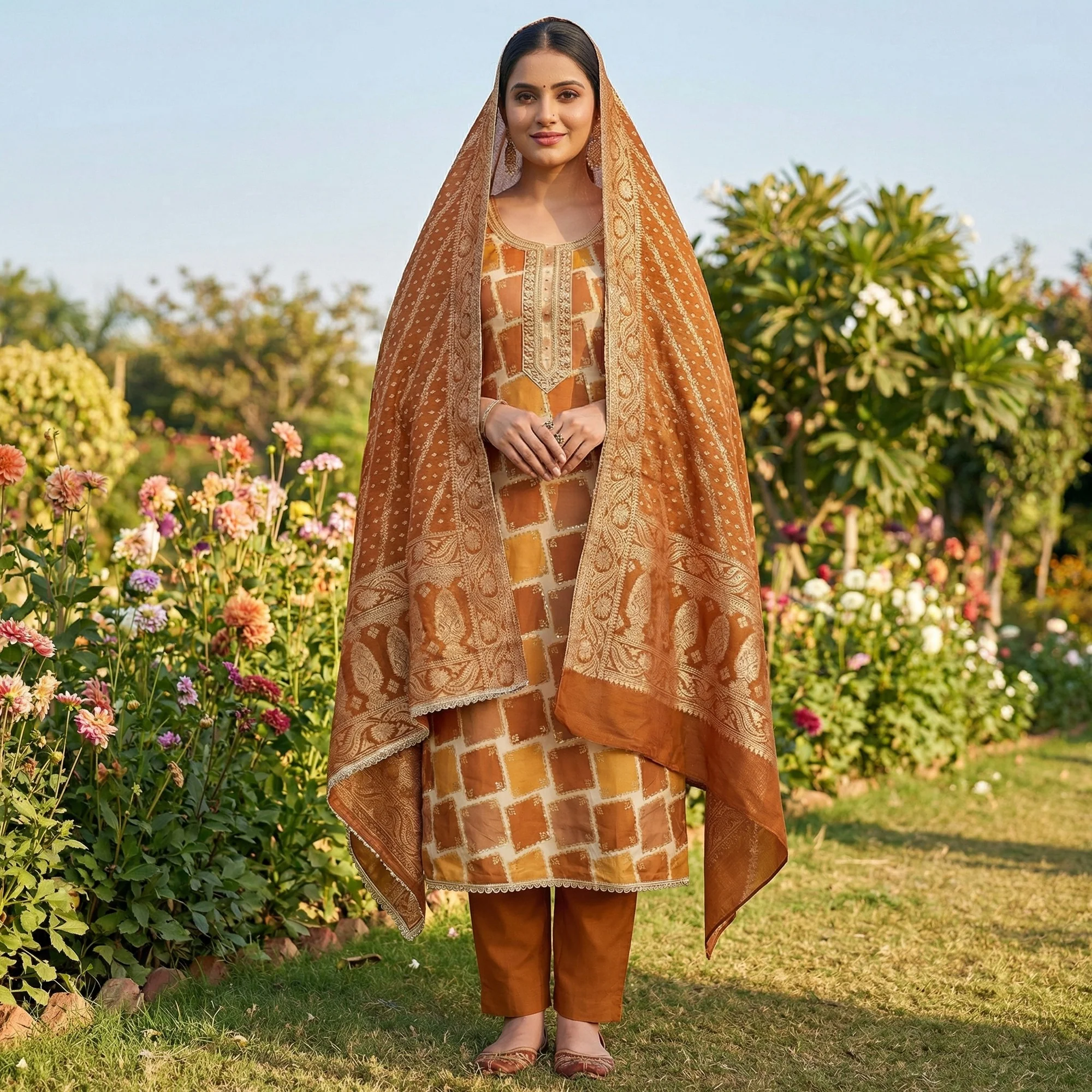 Classic Borwn Sequins Embroidered Cotton Silk Dress Material With Digital Print & Moti Handwork