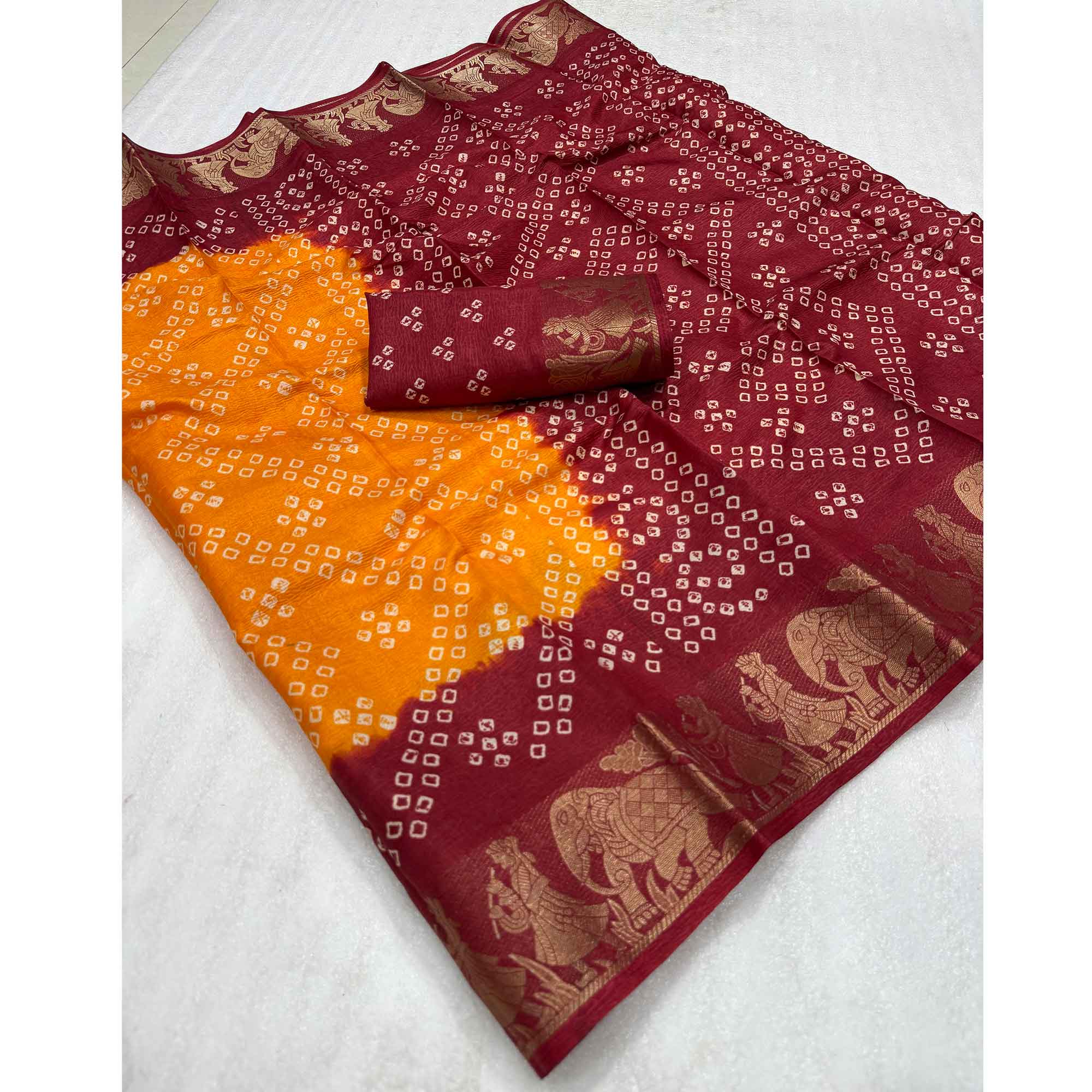 Classic Bright Orange & Maroon Bandhani Printed Dola Silk Saree With Weaving Jacquard Border - Image 3