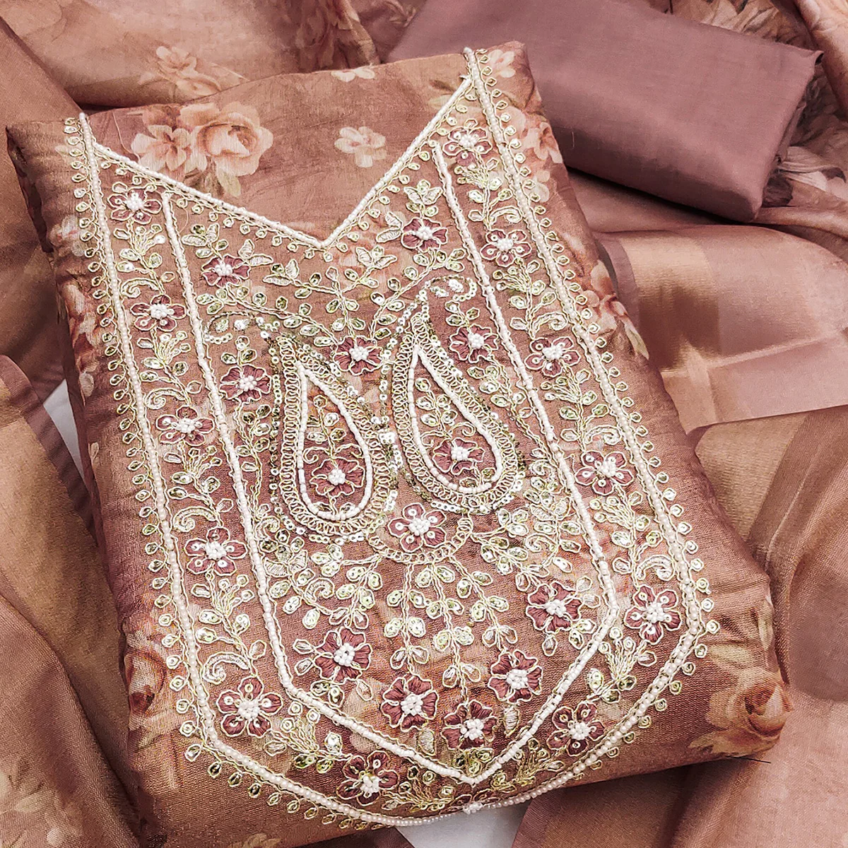 Classic Brown Floral Digital Printed Viscose Dress Material With Sequins Embroidery & Moti Handwork - Image 2