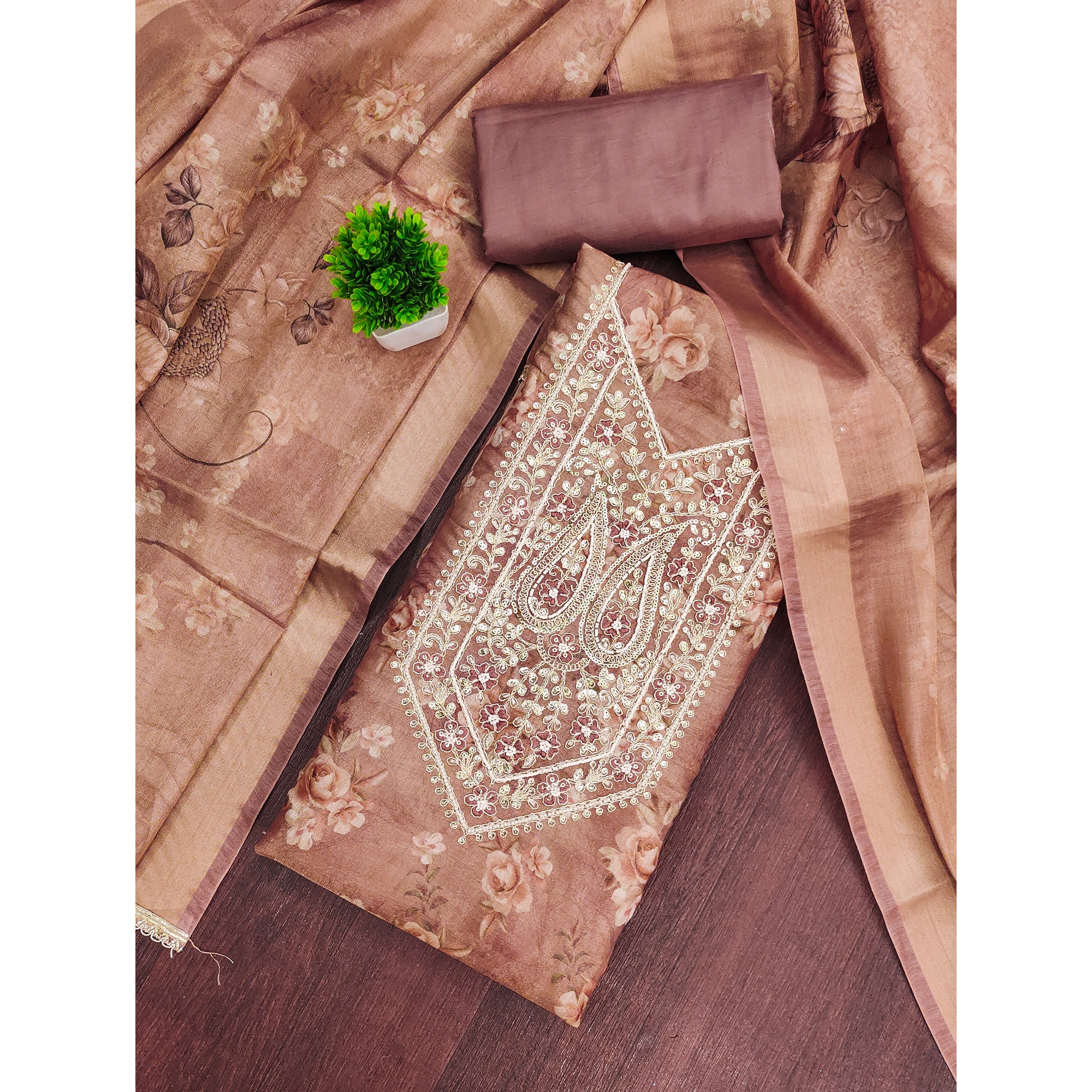 Classic Brown Floral Digital Printed Viscose Dress Material With Sequins Embroidery & Moti Handwork - Image 3