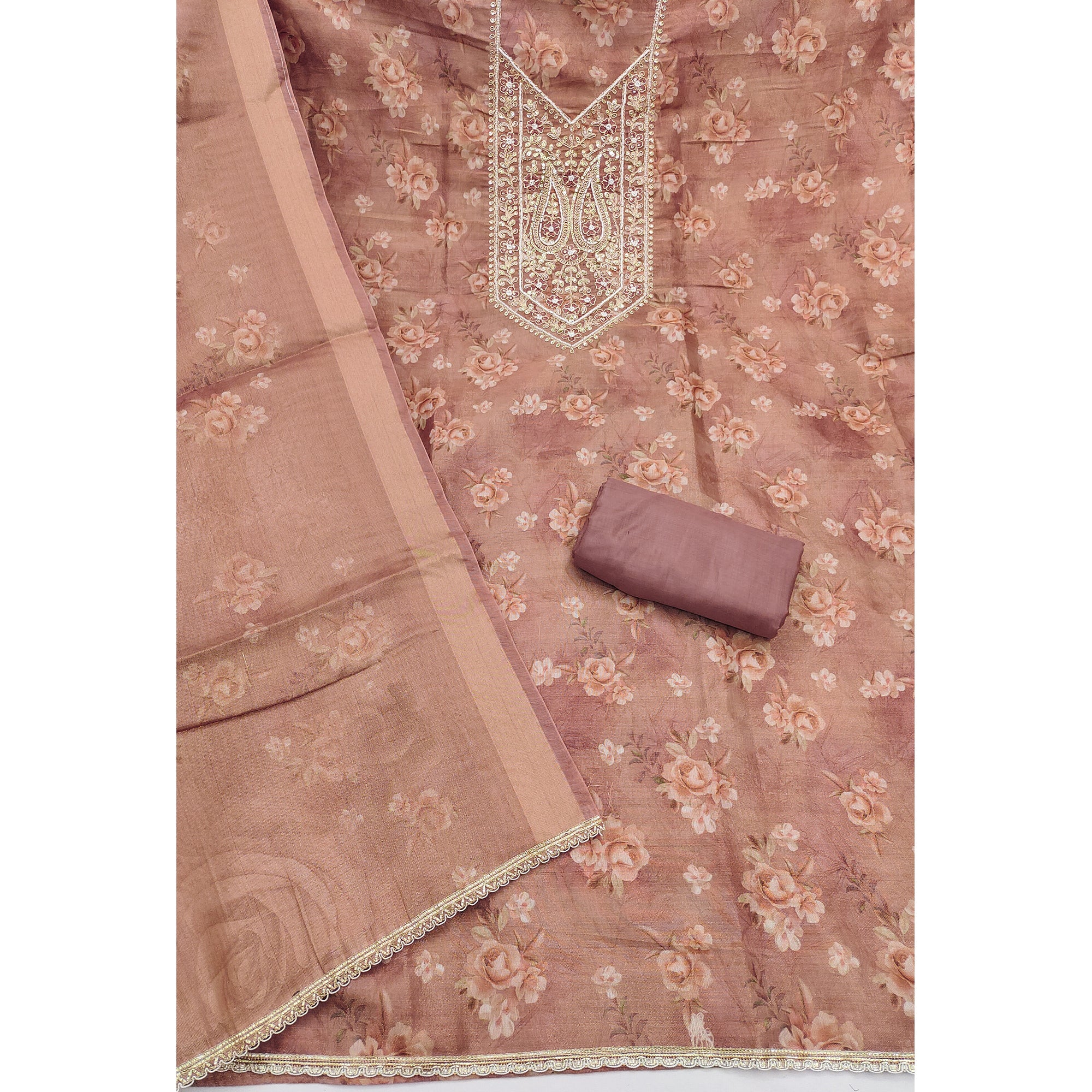 Classic Brown Floral Digital Printed Viscose Dress Material With Sequins Embroidery & Moti Handwork - Image 4