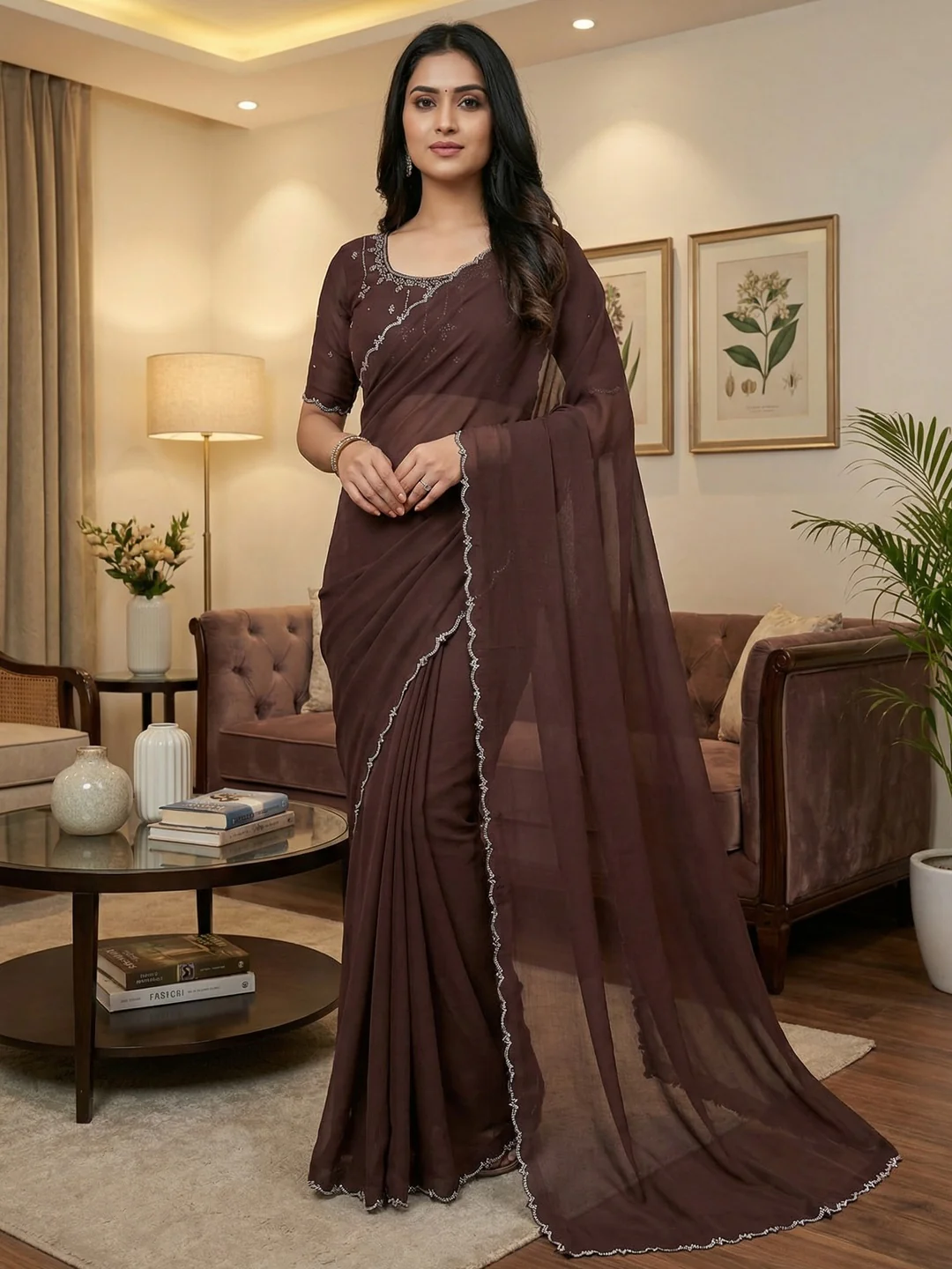 Classic Brown Solid Chiffon Saree Featuring Subtle Stone Work Border Detailing