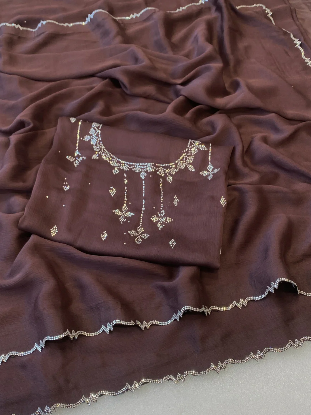 Classic Brown Solid Chiffon Saree Featuring Subtle Stone Work Border Detailing - Image 3