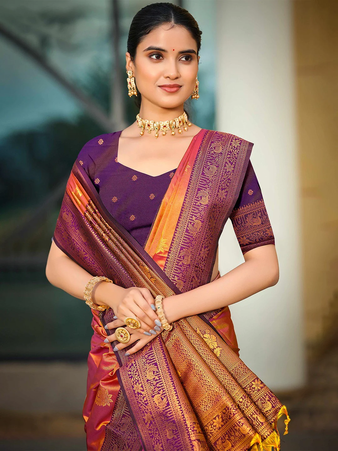Classic Burnt Orange Peacock & Floral Motif Zari Woven Silk Blend Saree With Decorative Tassel Pallu - Image 4