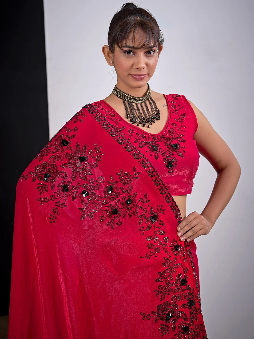 Classic Cherry Red Satin Silk Saree Featuring Stone & Cut Dana Work With Sequin Applic Finish - Image 3