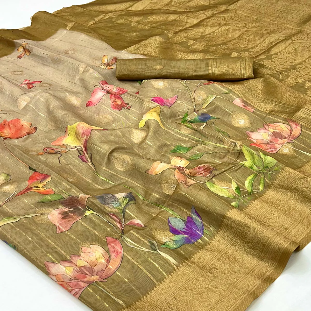 Classic Chikoo Floral Weaving & Digital Print Silk Blend Saree Accented With Tassel Pallu - Image 2