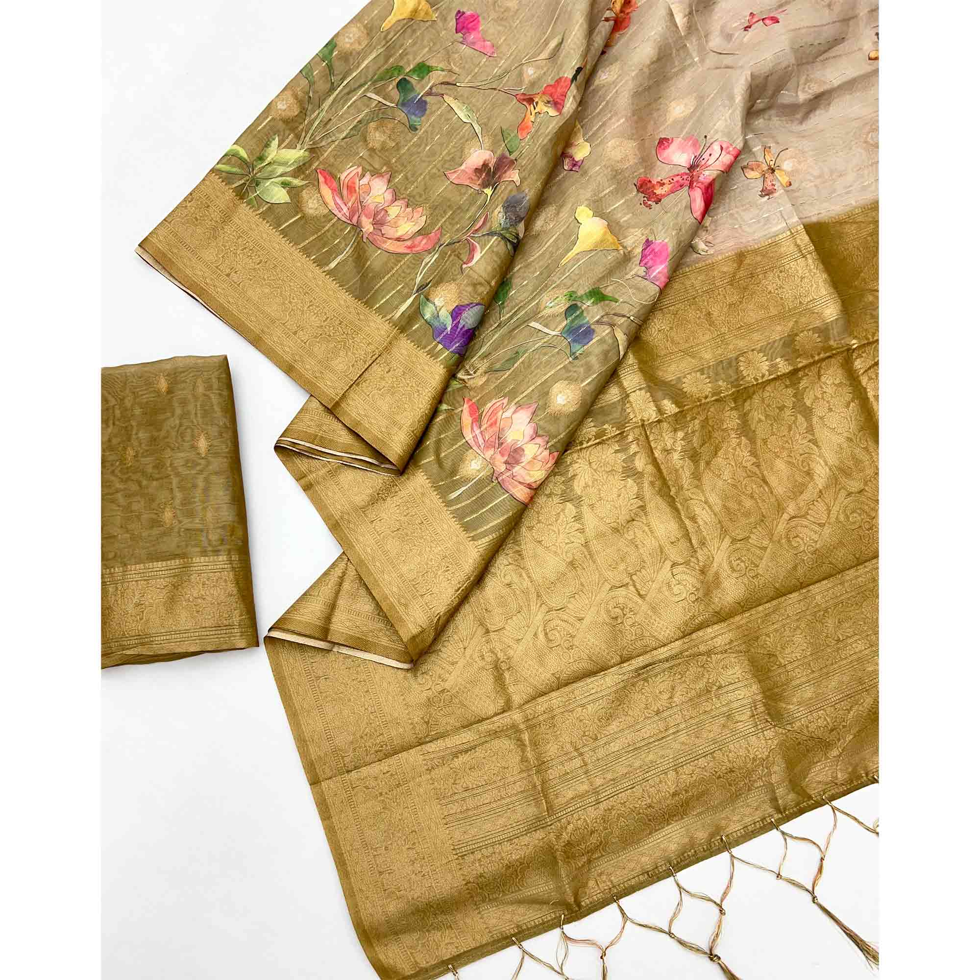 Classic Chikoo Floral Weaving & Digital Print Silk Blend Saree Accented With Tassel Pallu - Image 3