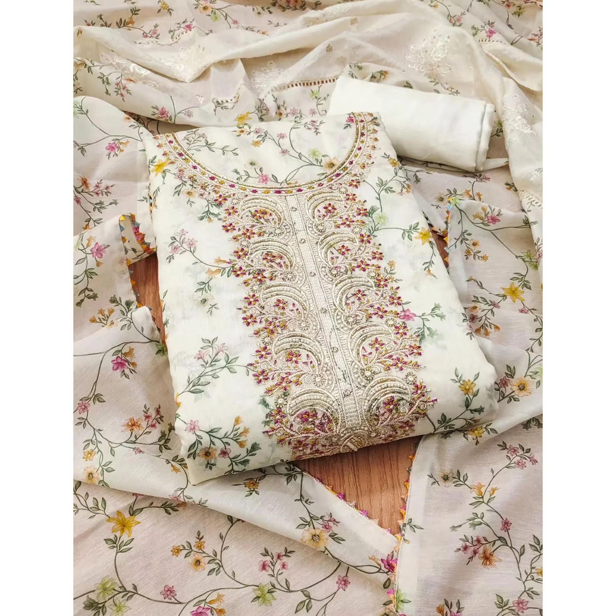 Classic Cream Floral Printed Modal Chanderi Silk Fabric Set Perfect for Festive - Image 3