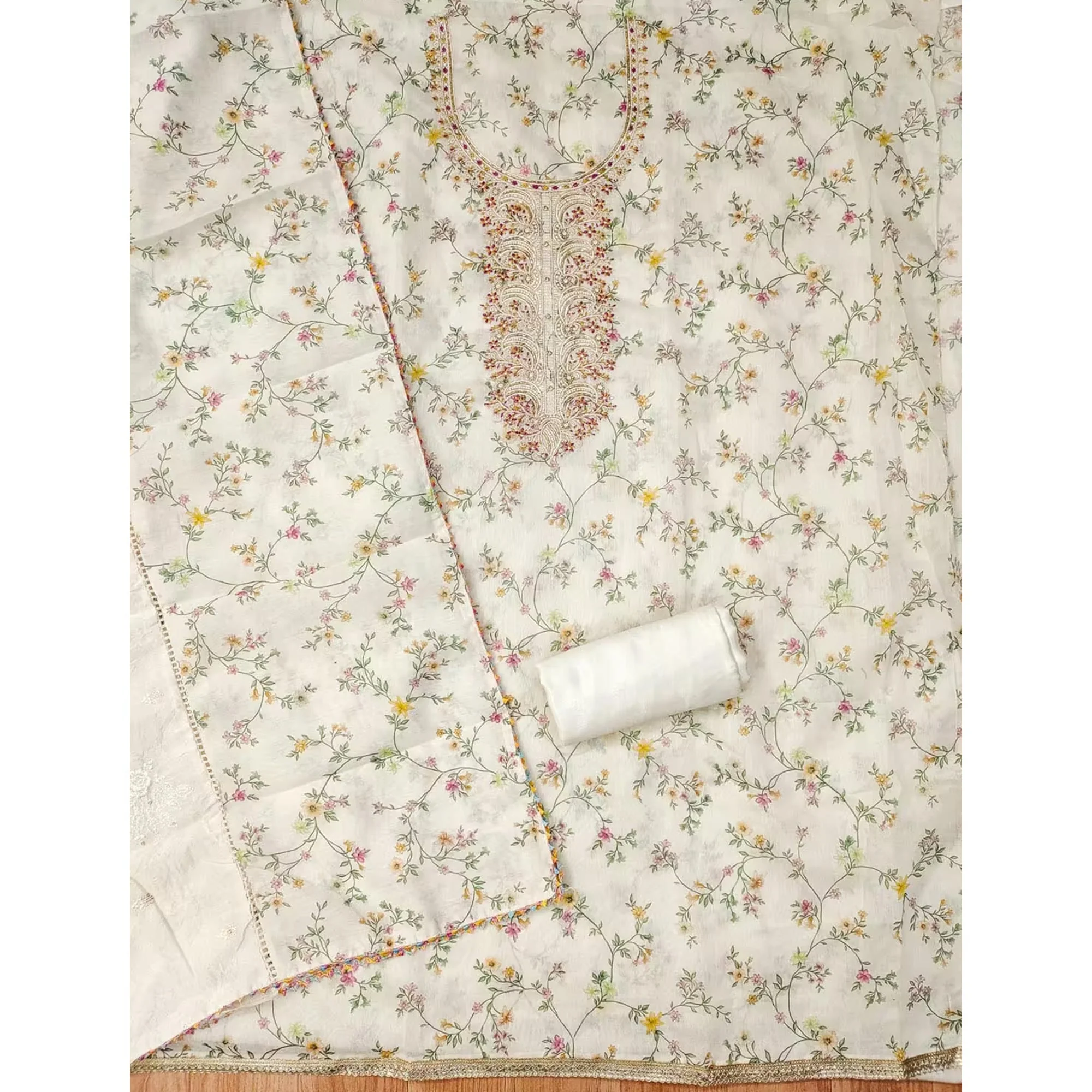 Classic Cream Floral Printed Modal Chanderi Silk Fabric Set Perfect for Festive - Image 4