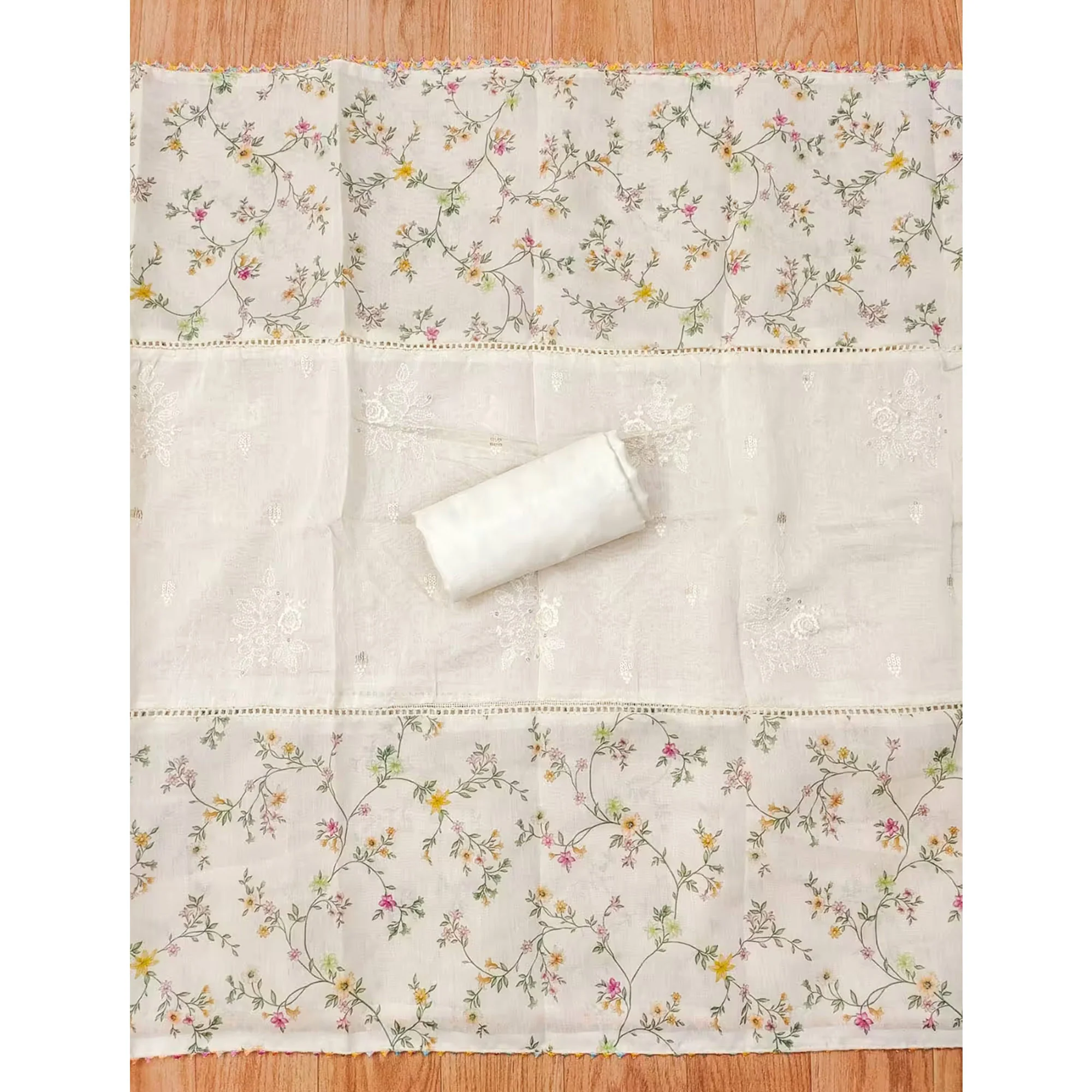 Classic Cream Floral Printed Modal Chanderi Silk Fabric Set Perfect for Festive - Image 5