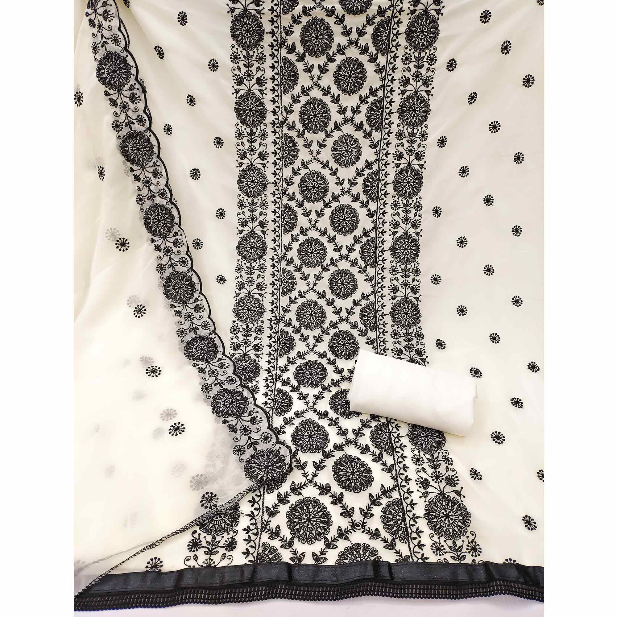 Classic Cream Floral Thread Embroidered Georgette Dress Material With Timeless Appeal - Image 3