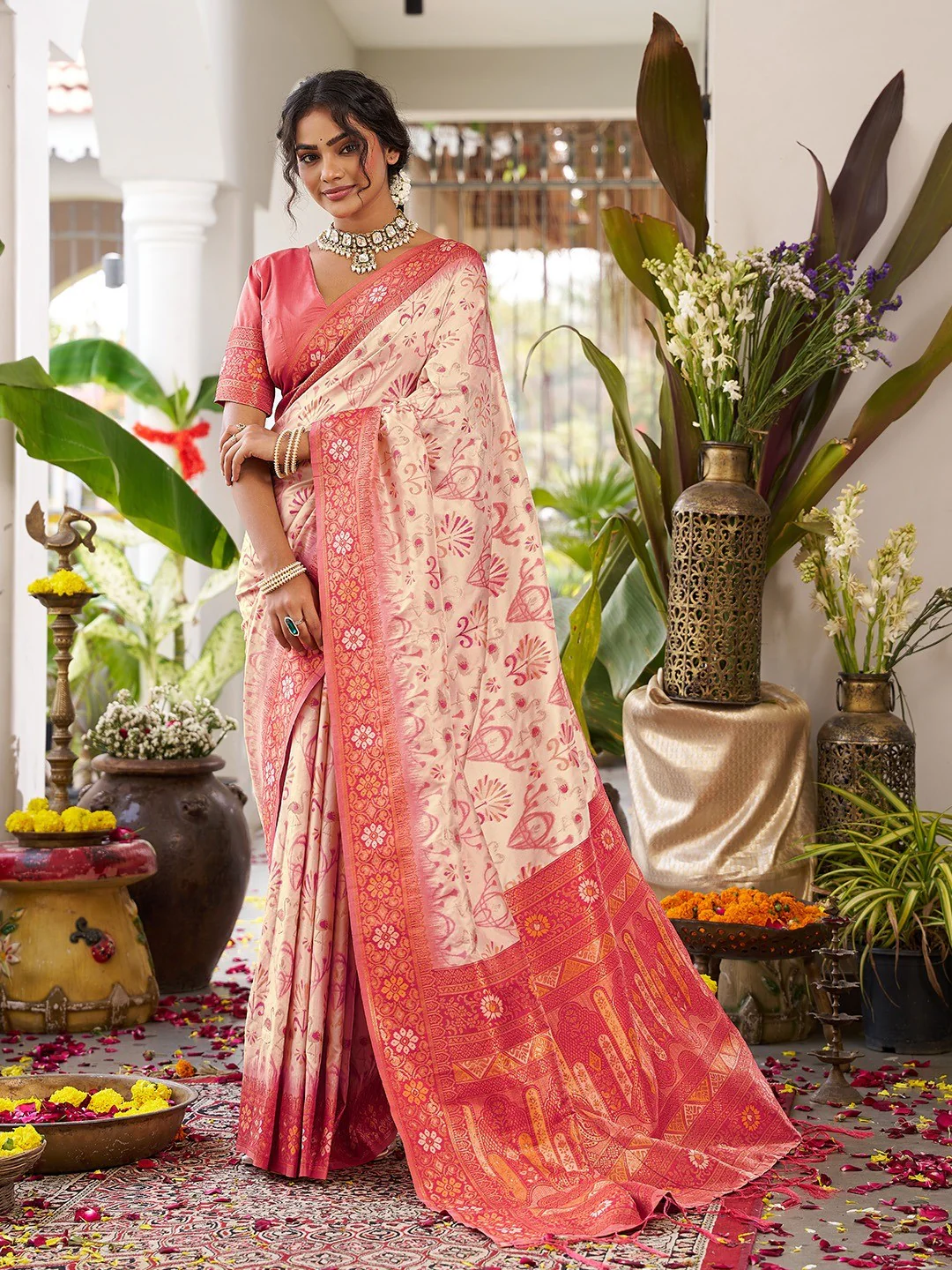 Classic Cream Soft Silk Blend Saree Enhanced With Traditional Floral Weaving & Tassel Pallu