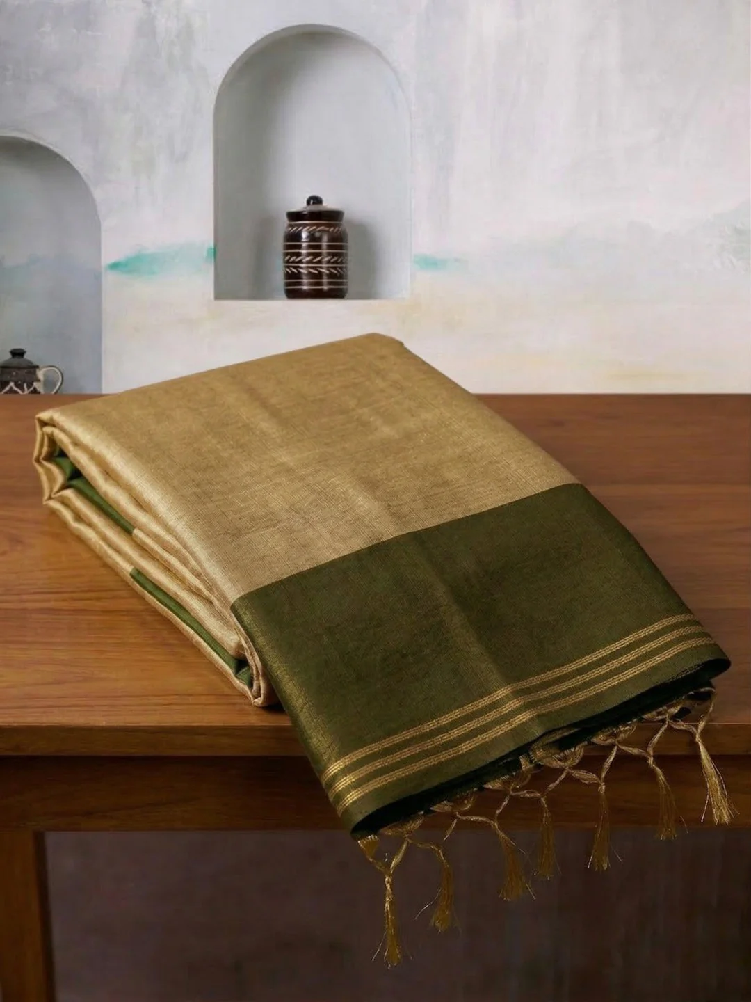 Classic Cream Solid Tissue Silk Saree Featuring Intricate Zari Weaving & Tassel Pallu - Image 3