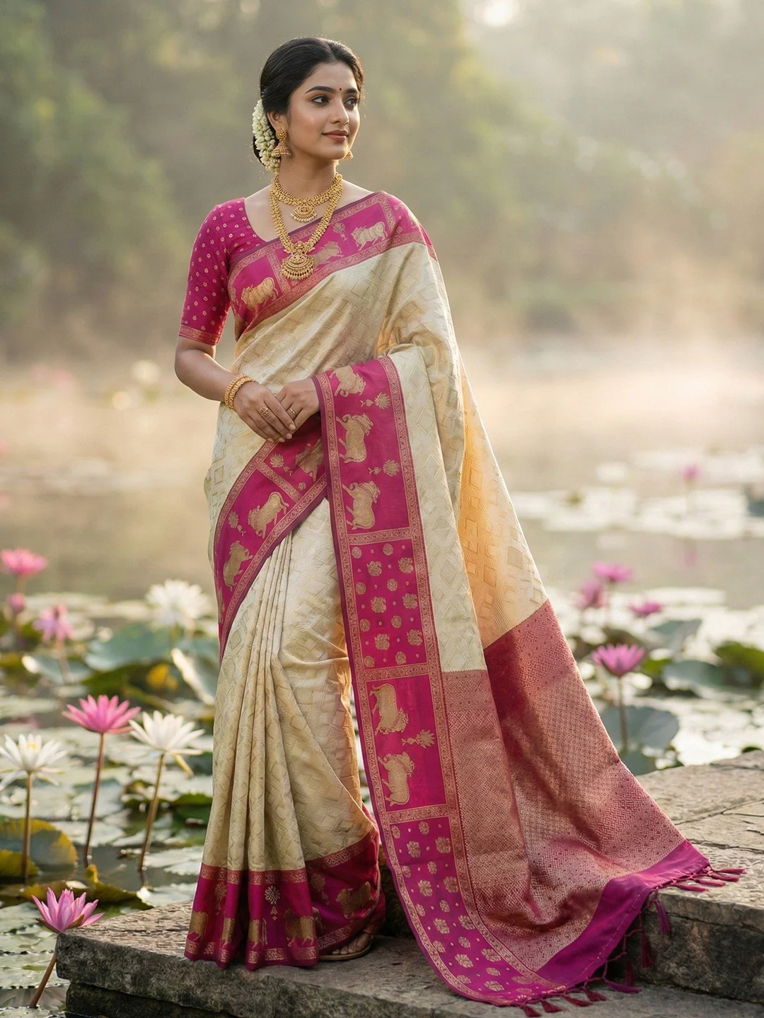 Classic Cream Zari Woven Kanjivaram Silk Saree With Detailed Animal Motif Border & Tassel Pallu