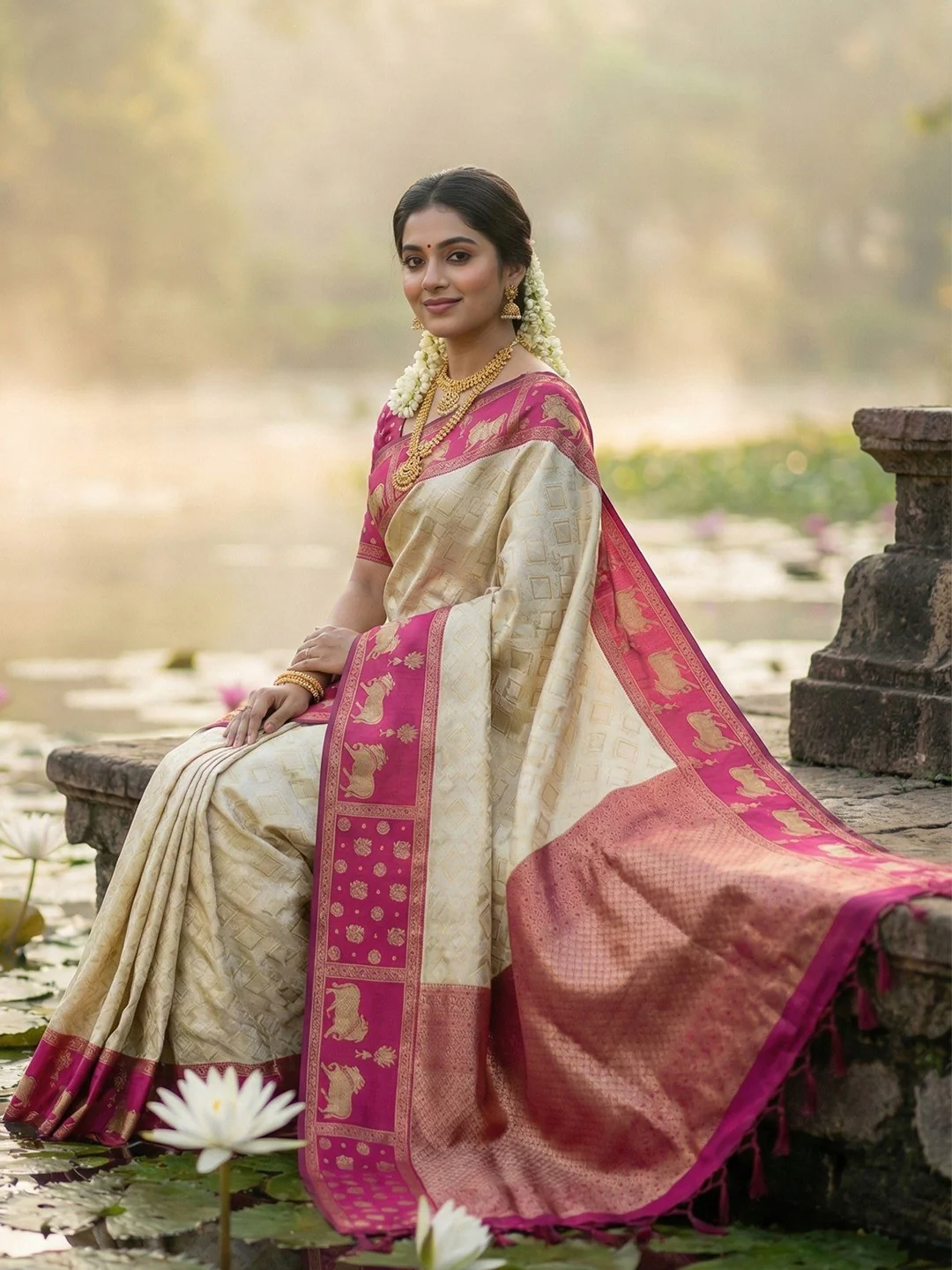 Classic Cream Zari Woven Kanjivaram Silk Saree With Detailed Animal Motif Border & Tassel Pallu - Image 3