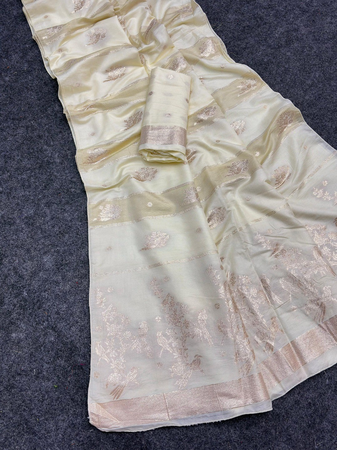 Classic Cream Zari Woven Viscose Saree With Graceful Floral & Birds Motif Detailing