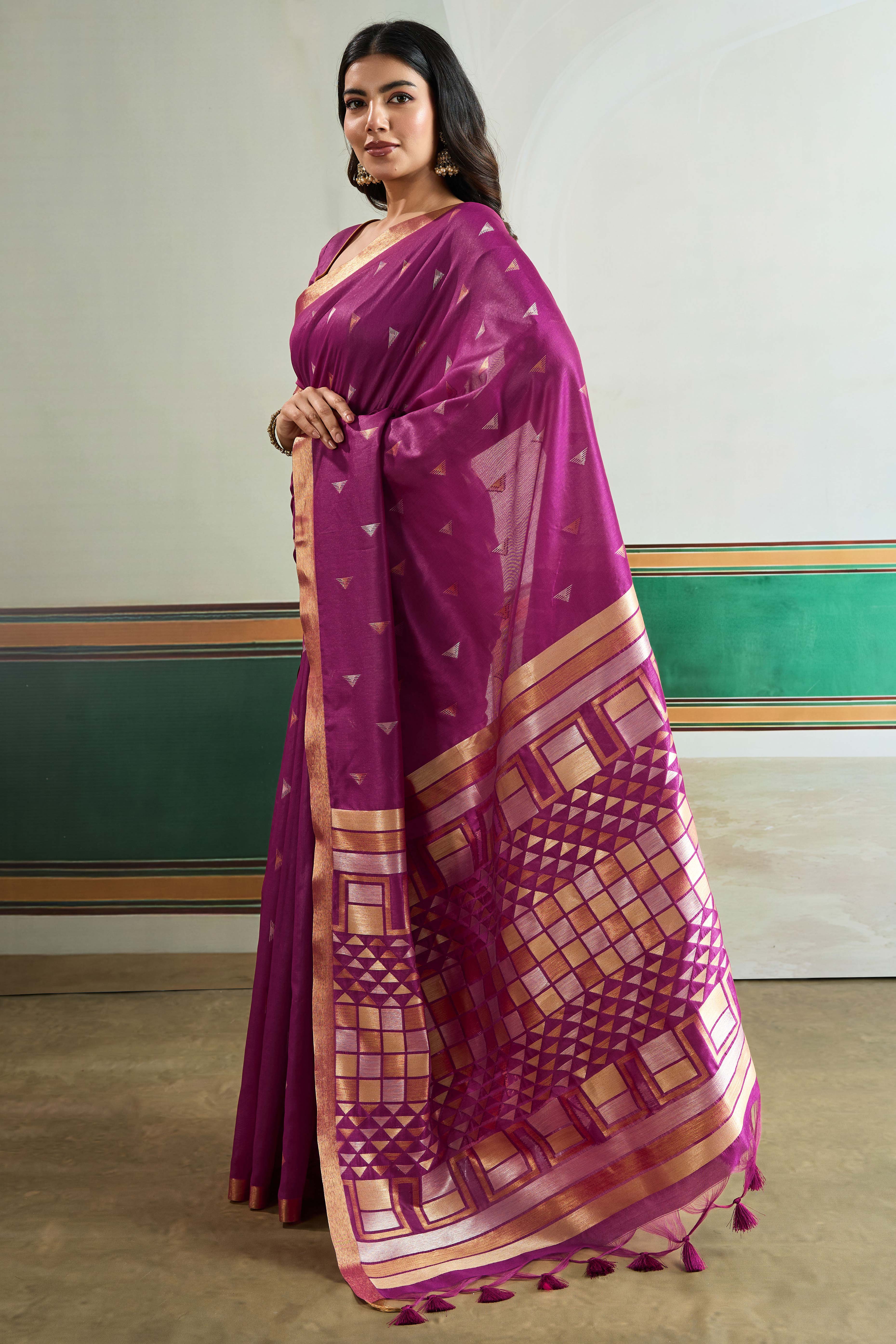 Classic Dark Magenta Tussar Silk Saree Showcasing Rich Geometric Weaving & Trendy Tassel Pallu - Image 4