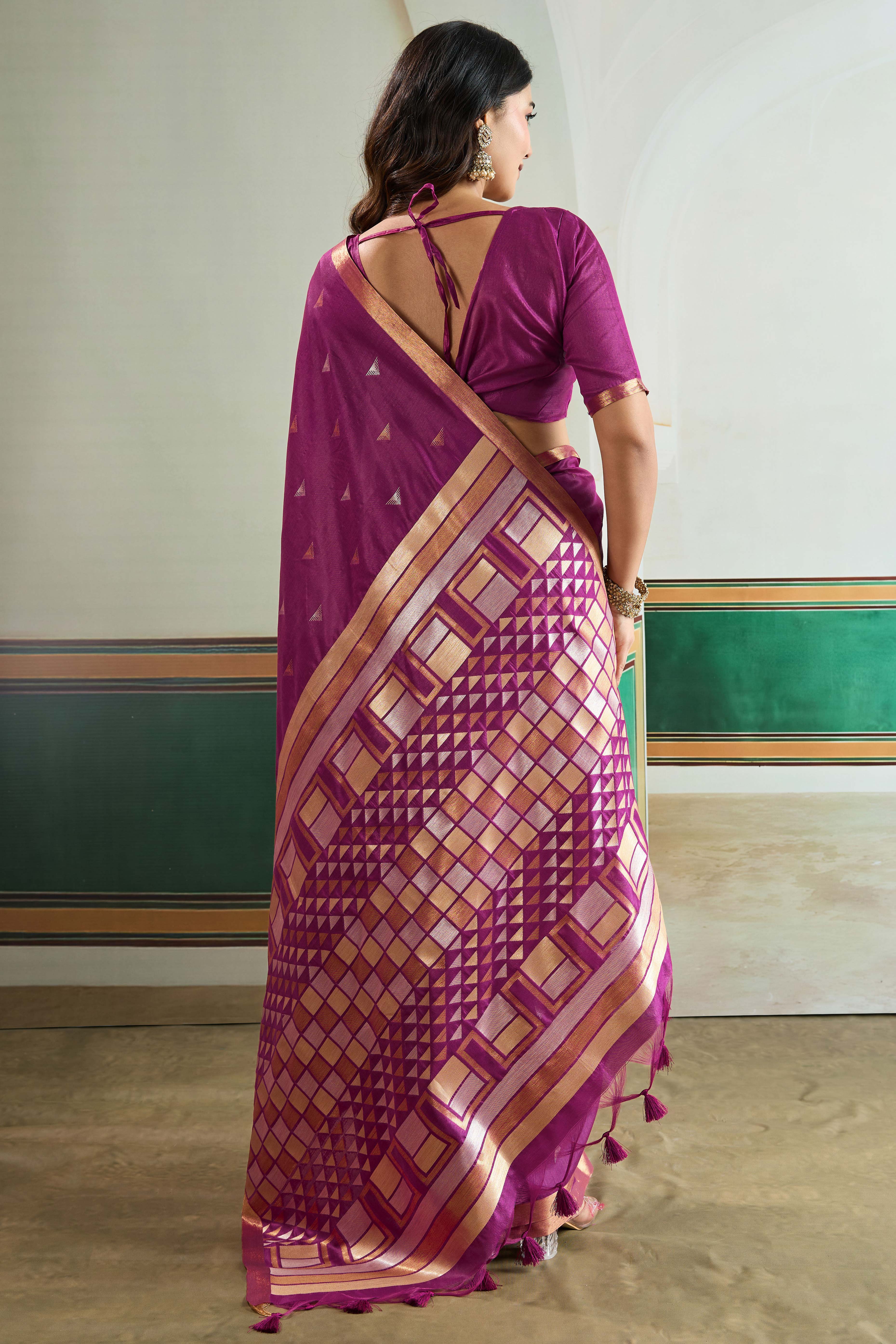 Classic Dark Magenta Tussar Silk Saree Showcasing Rich Geometric Weaving & Trendy Tassel Pallu - Image 5