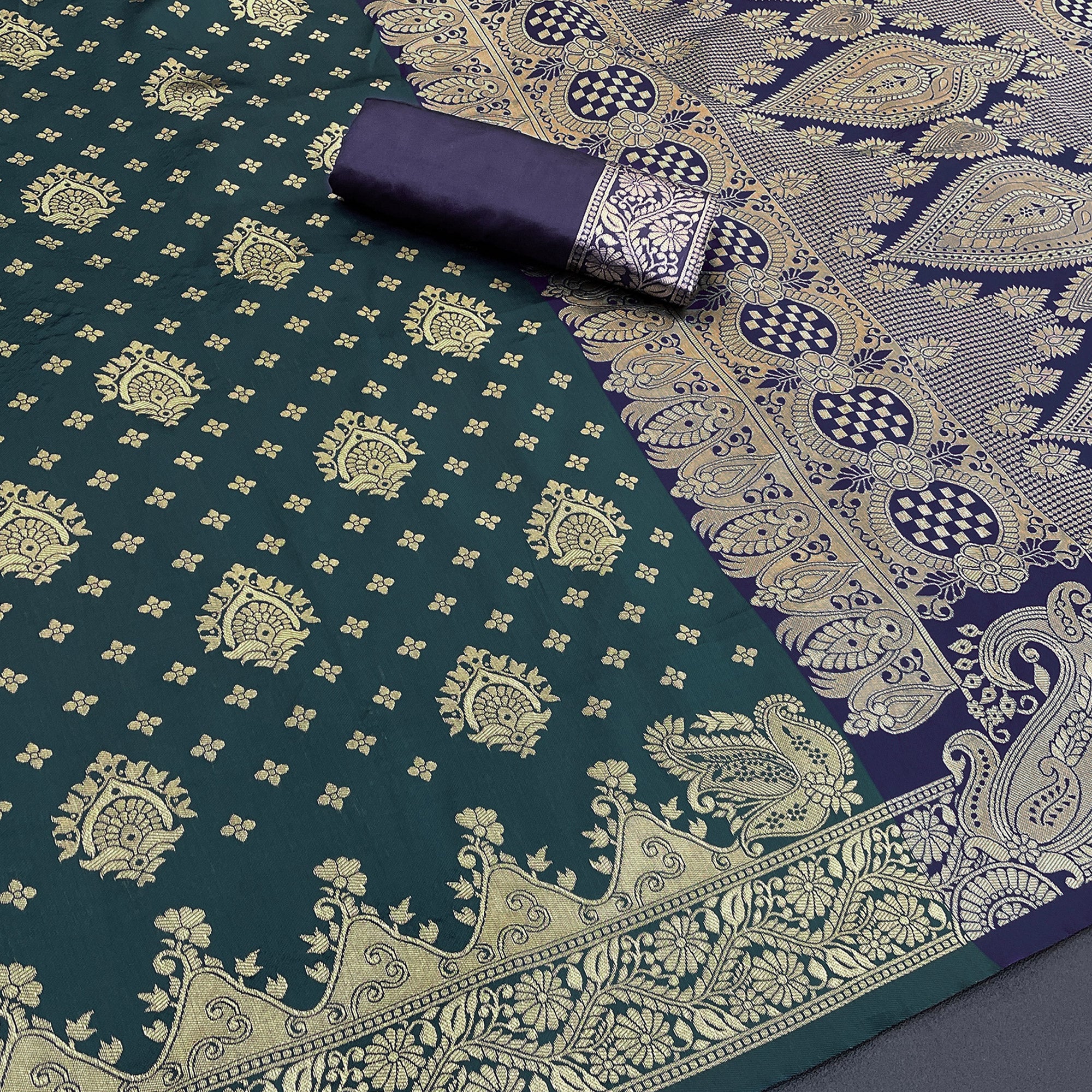 Classic Dark Teal Silk Banarasi Saree Showcasing Delicate Floral Zari Weaving - Image 2