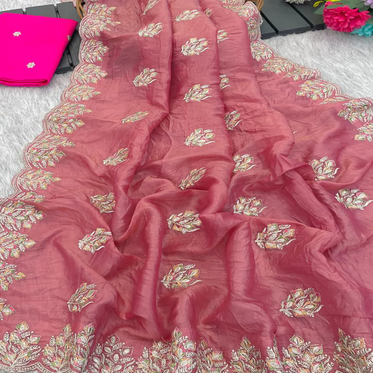 Classic Dusty Pink Silk Blend Crush Saree Beautifully Embellished With Floral Thread Embroidery - Image 2