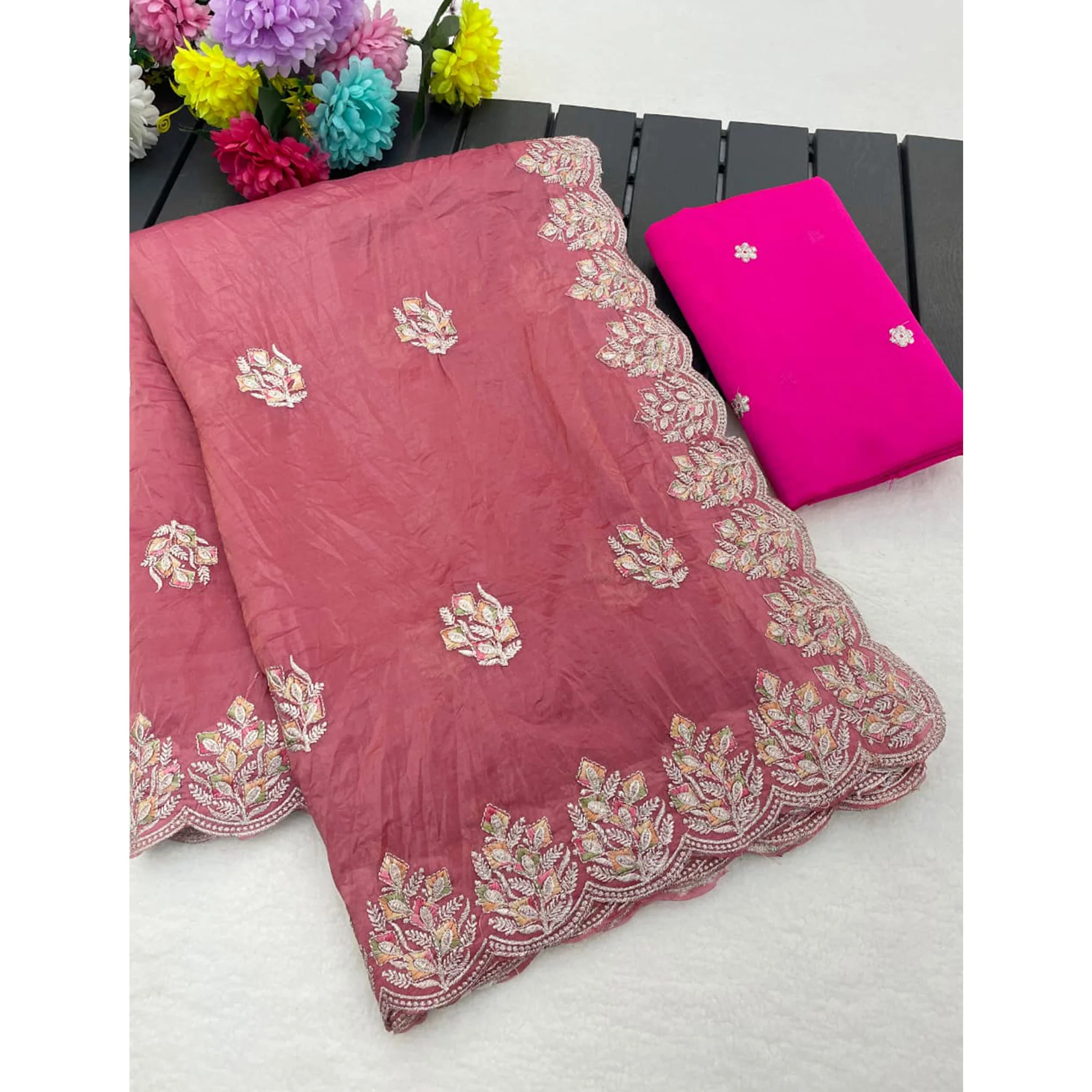 Classic Dusty Pink Silk Blend Crush Saree Beautifully Embellished With Floral Thread Embroidery - Image 5