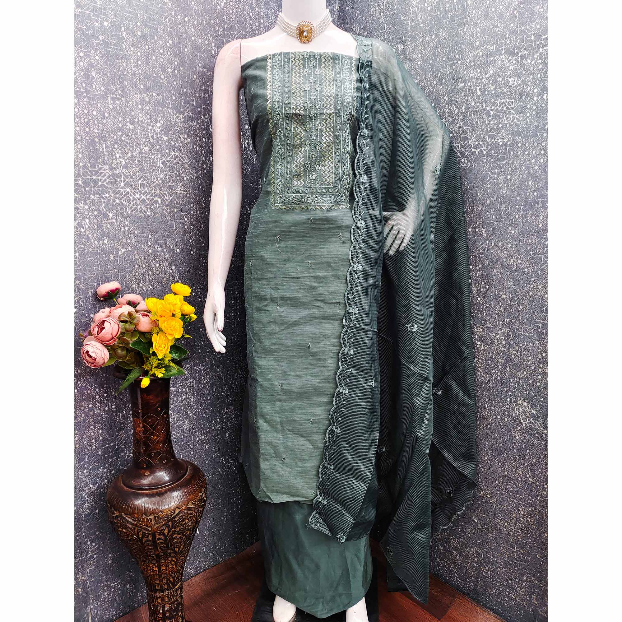 Classic Green Chanderi Silk Dress Material With Exquisite Floral Sequins Embroidery - Image 3