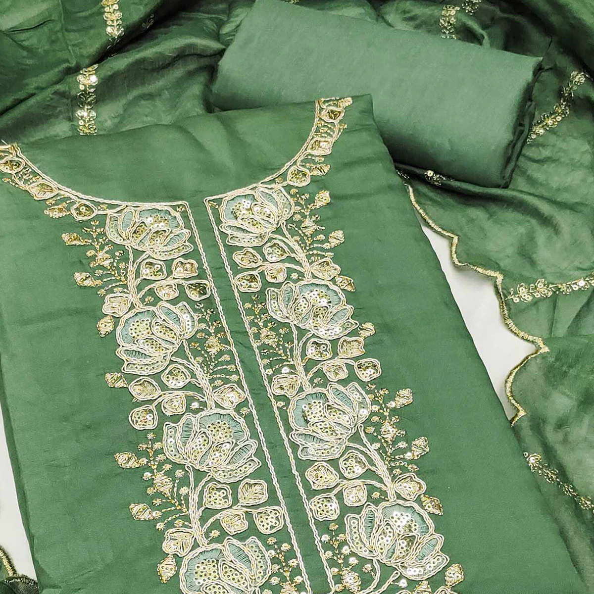 Classic Green Floral Cording Embroidered Silk Blend Dress Material With Glittering Sequins Work - Image 2