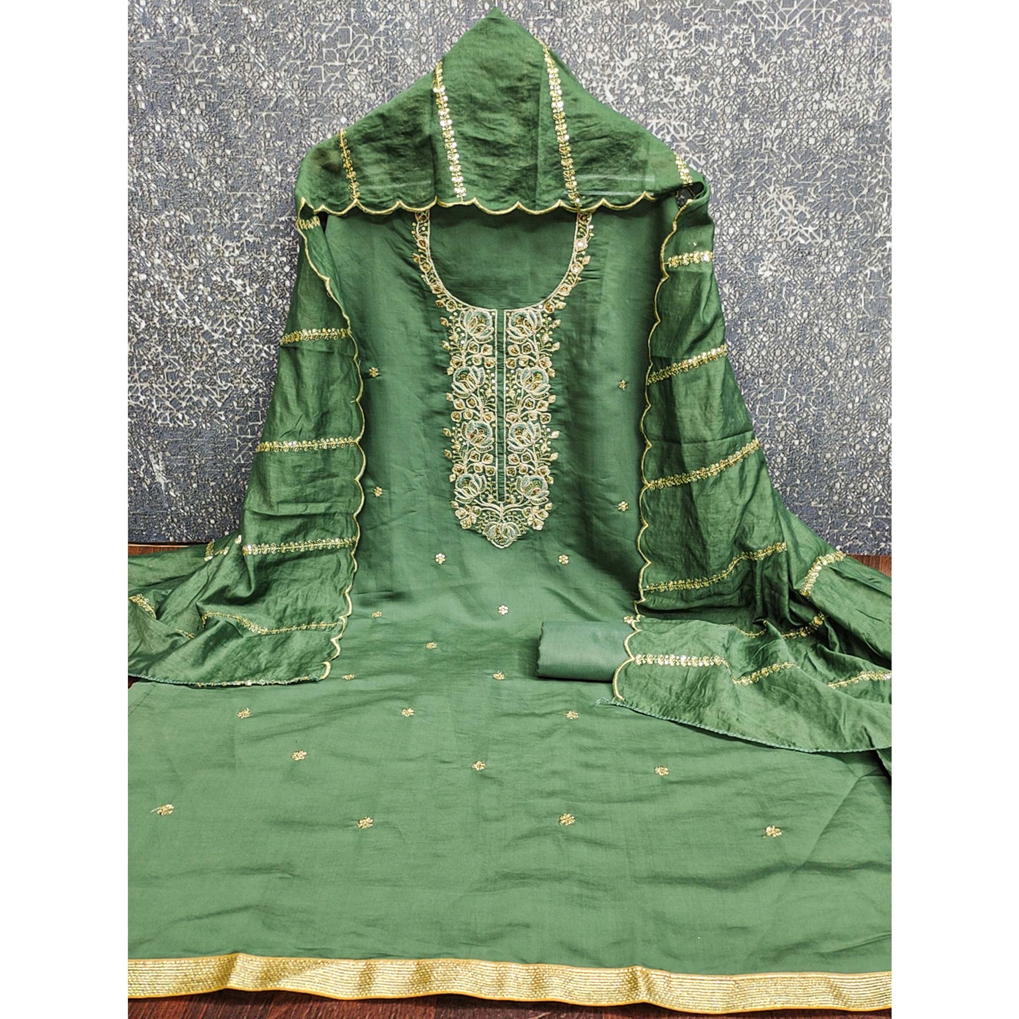 Classic Green Floral Cording Embroidered Silk Blend Dress Material With Glittering Sequins Work - Image 4