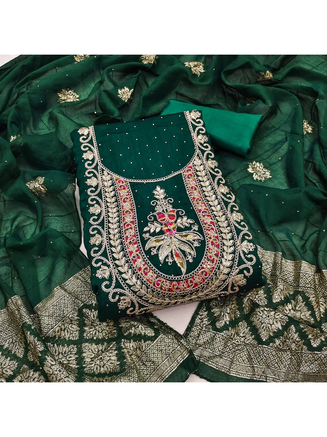 Classic Green Floral Cording Embroidered Vichitra Silk Dress Material With Sequins & Swarovski Work - Image 4