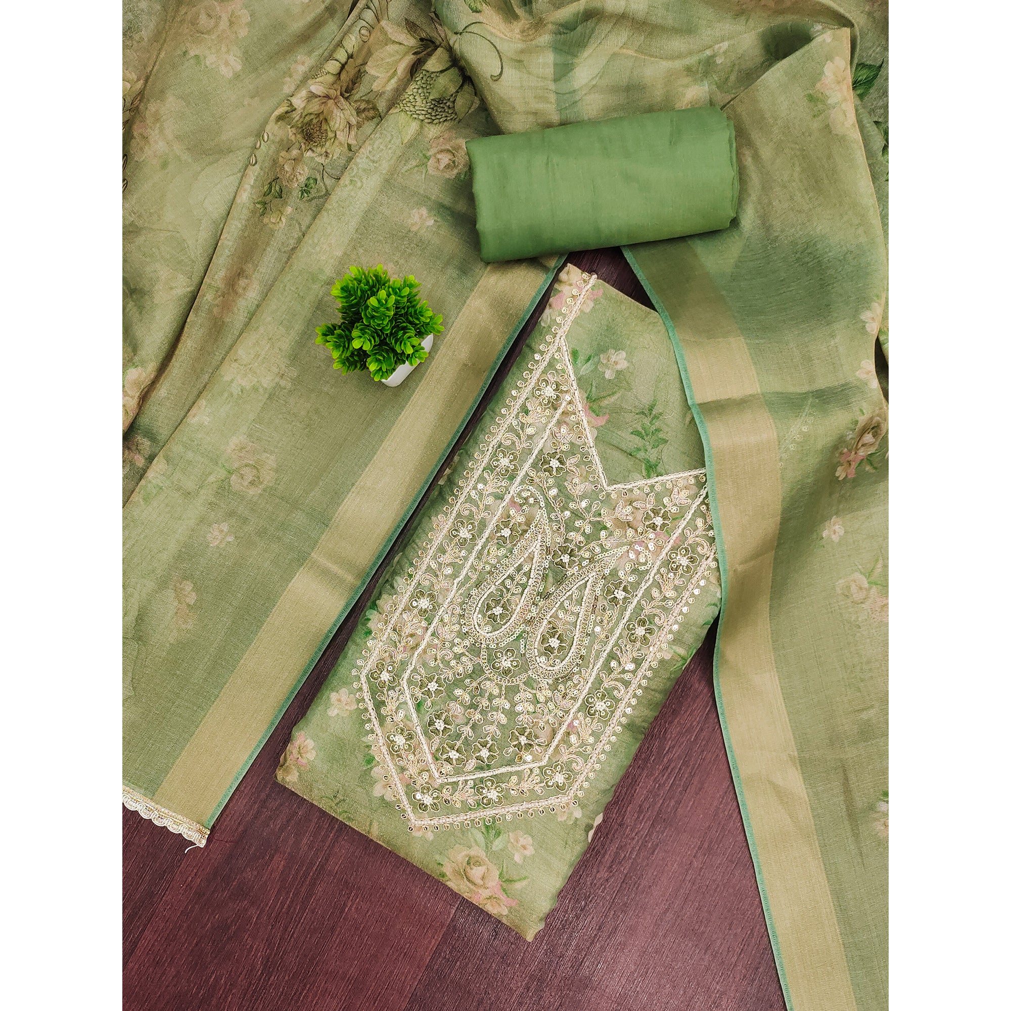 Classic Green Floral Digital Printed Viscose Dress Material With Sequins Embroidery & Moti Handwork - Image 3