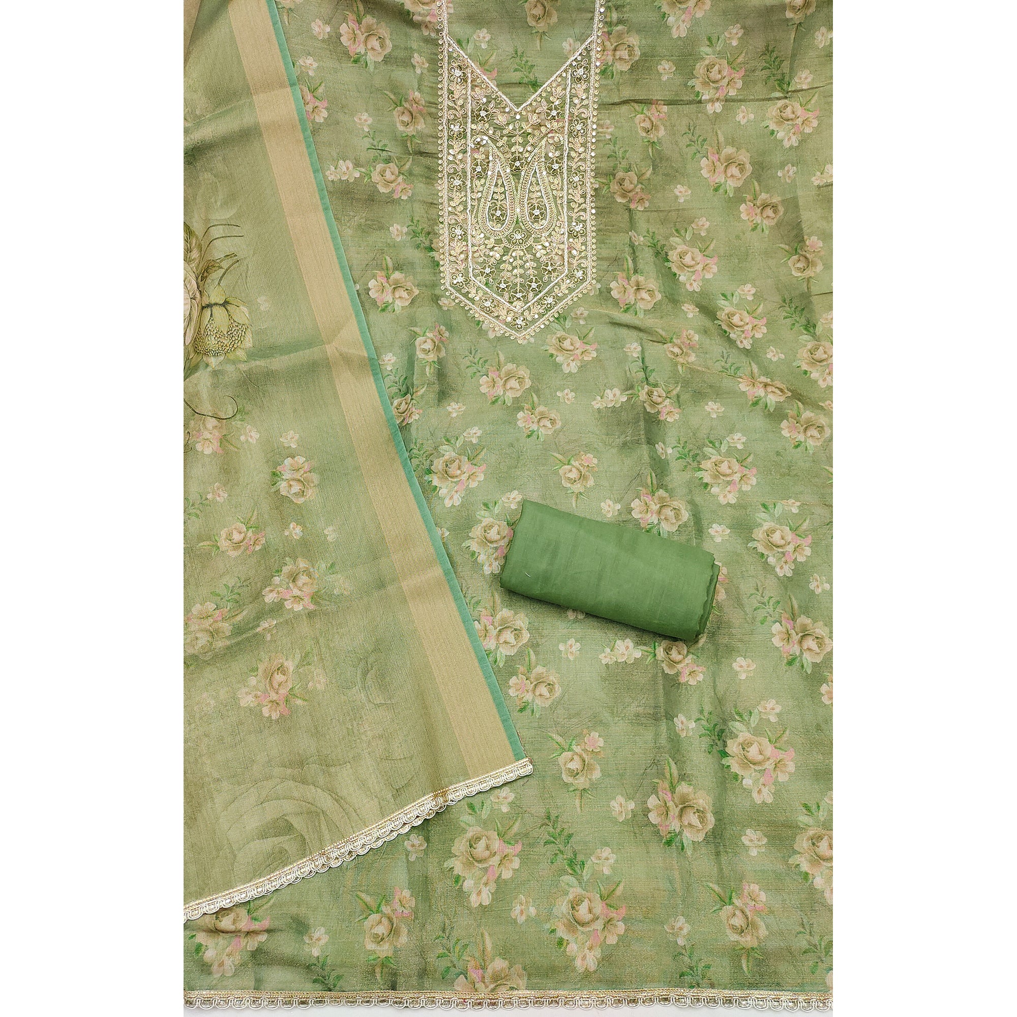 Classic Green Floral Digital Printed Viscose Dress Material With Sequins Embroidery & Moti Handwork - Image 4