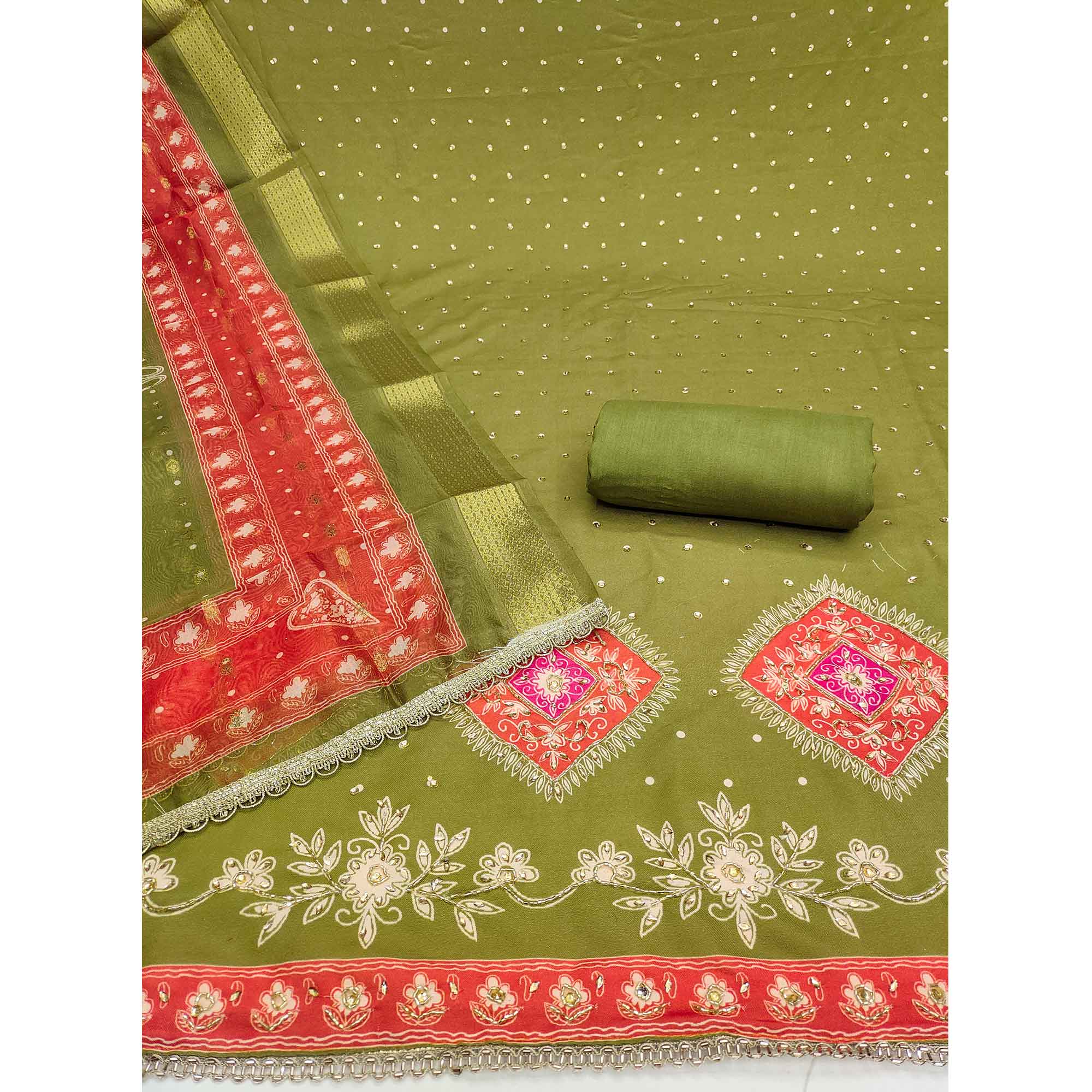 Classic Green Floral Digital Printed With Stone Work Rayon Dress Material - Image 4