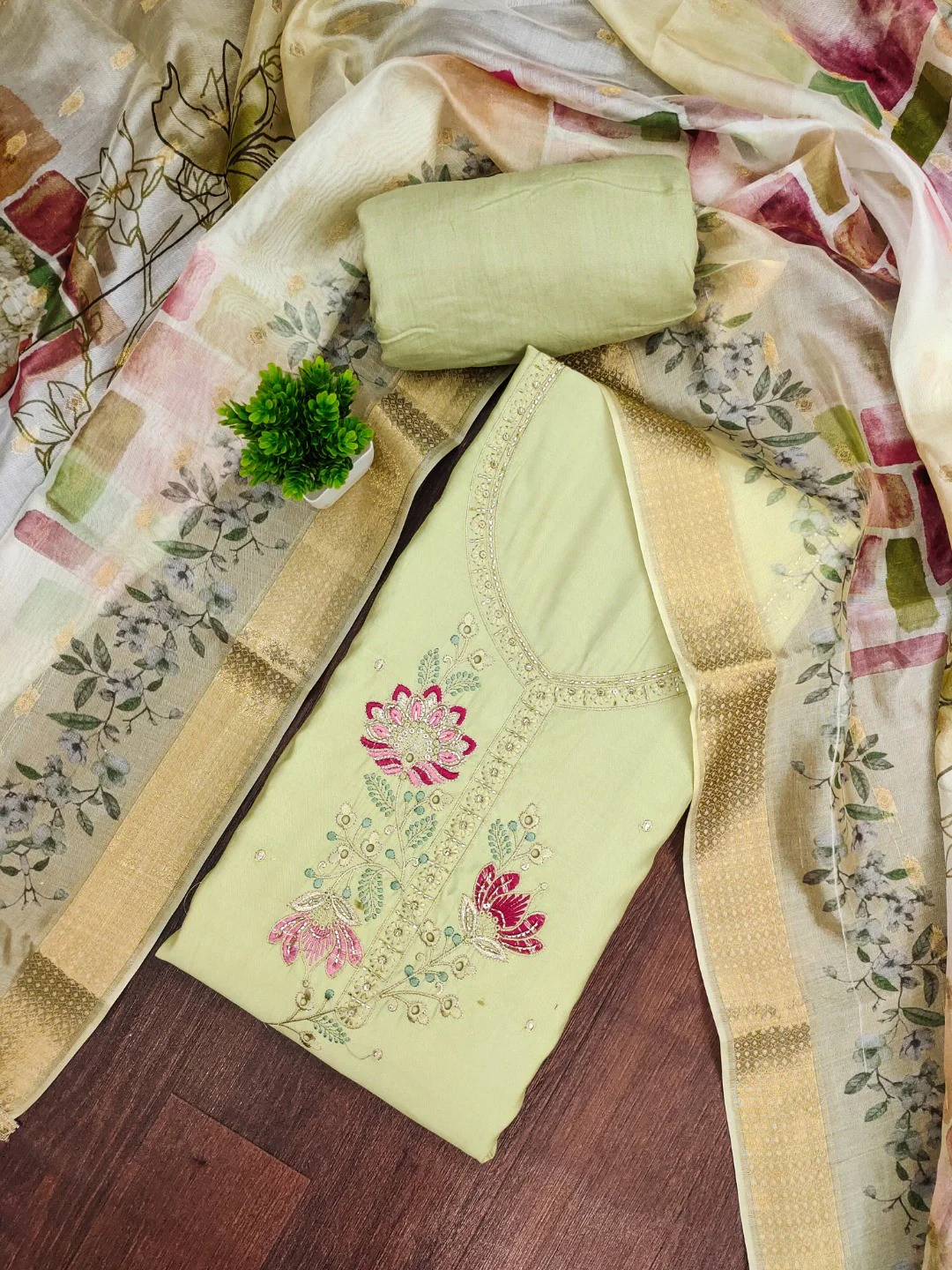 Classic Green Floral Embroidered Cotton Silk Dress Material Featuring Elegant Handwork - Image 4