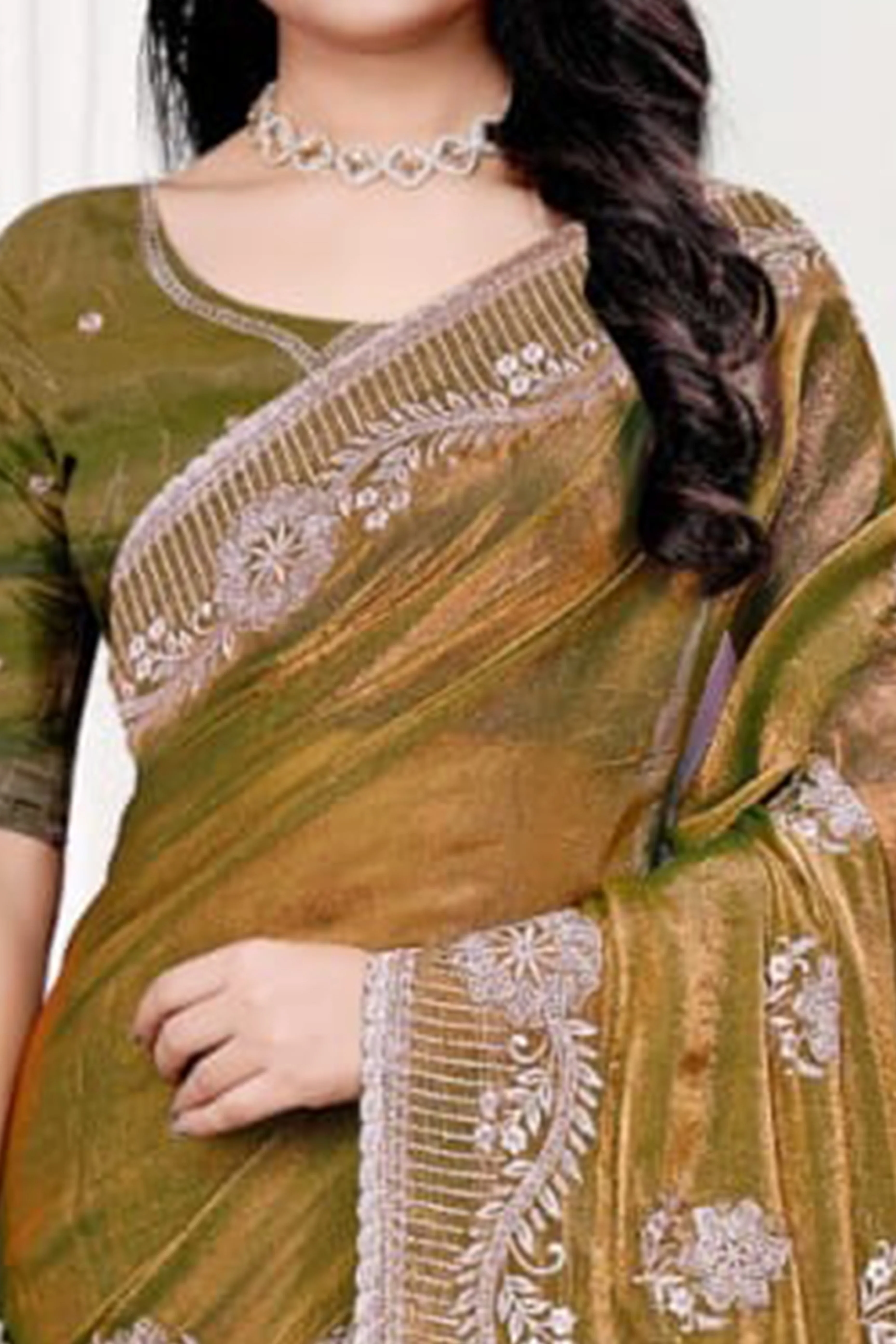 Classic Green Floral Embroidered Organza Satin Silk Saree With Dazzling Diamond Work - Image 2