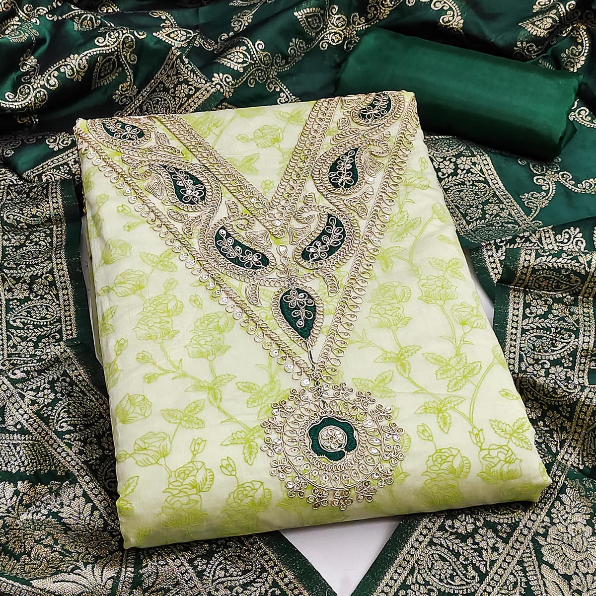 Classic Green Floral Printed Chanderi Silk Dress Material With Intricate Cording Embroidery - Image 2