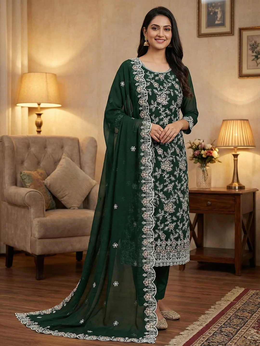 Classic Green Floral Thread Embroidery Georgette Dress Material For Timeless Ethnic Wear