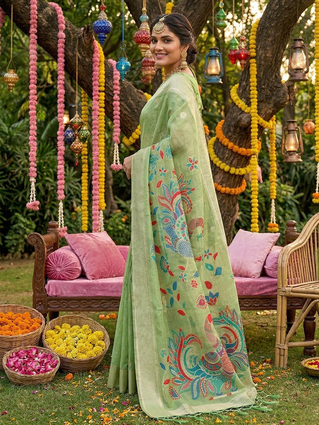 Classic Green Floral Weaving Tissue Saree Enhanced With Peacock Motif Pallu & Tassels - Image 2