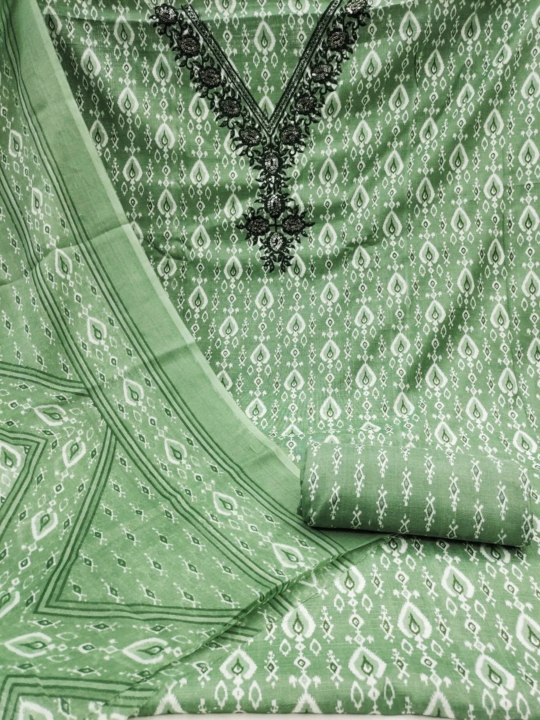 Classic Green Ikkat Printed Cotton Blend Dress Material With Elegant Sequins Embroidery Work On Neck - Image 4