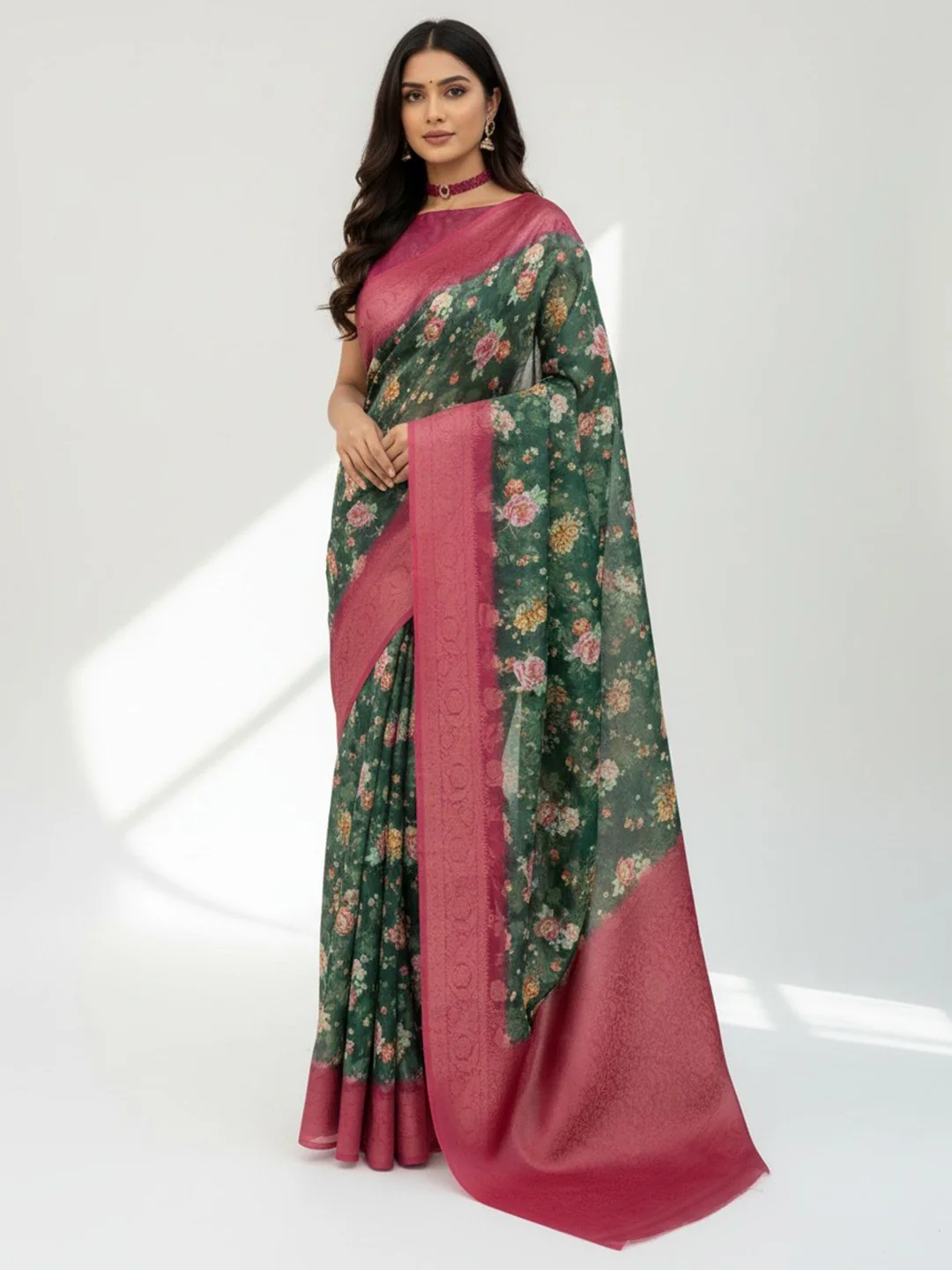 Classic Green & Pink Floral Digital Print Burbury Silk Blend Saree With Jacquard Woven Border & Pallu