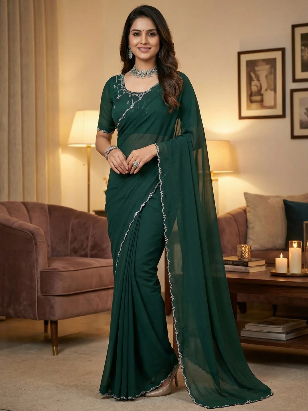 Classic Green Solid Chiffon Saree Featuring Subtle Stone Work Border Detailing