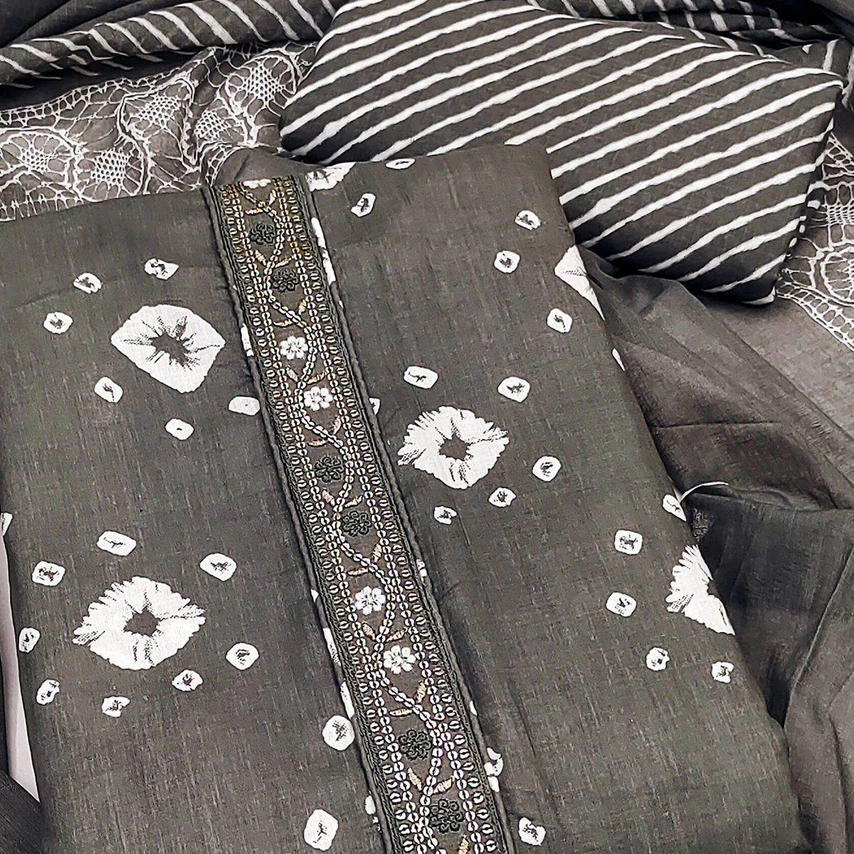 Classic Grey Bandhani Print Pure Cotton Dress Material Accented With Floral Sequins Embroidery - Image 2