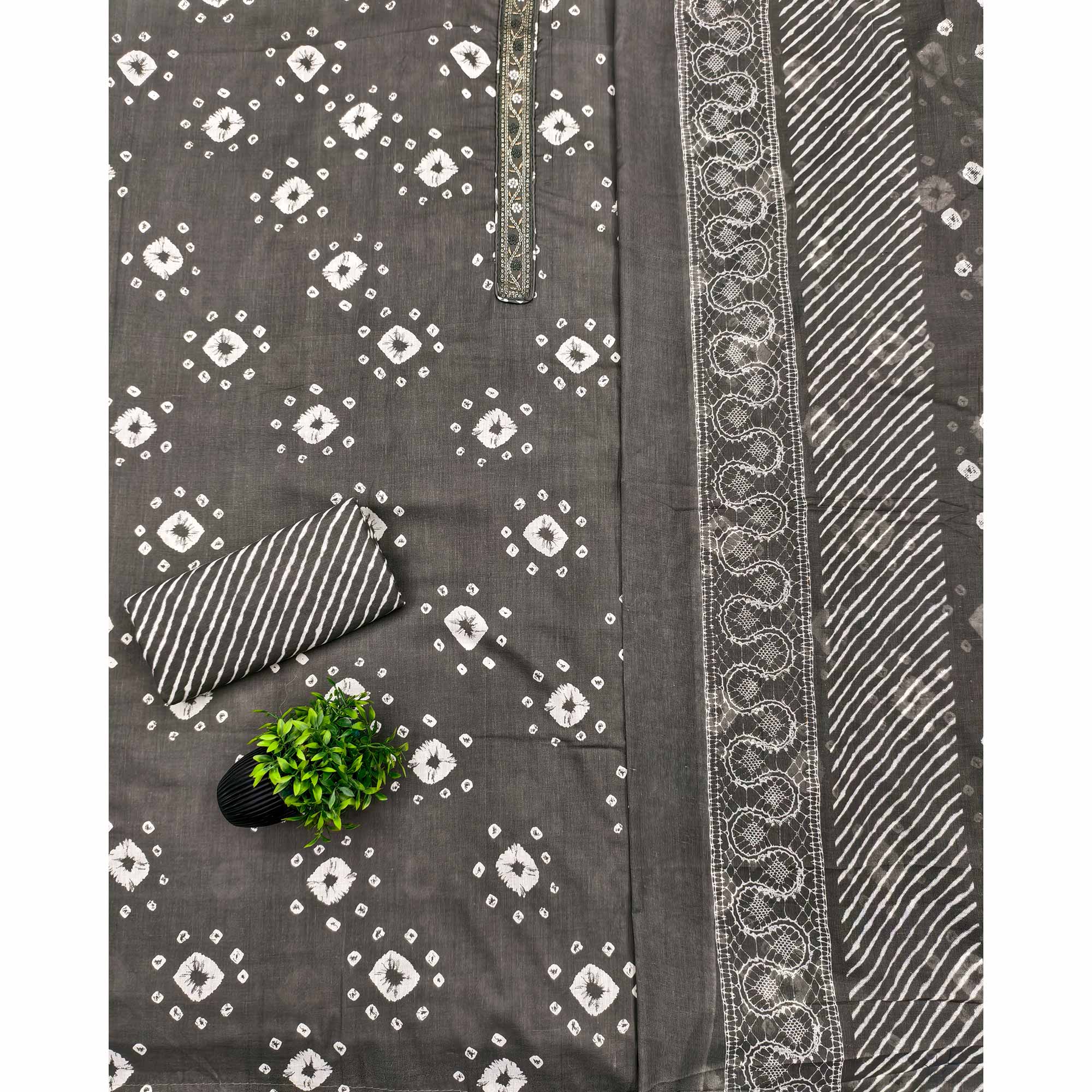 Classic Grey Bandhani Print Pure Cotton Dress Material Accented With Floral Sequins Embroidery - Image 3