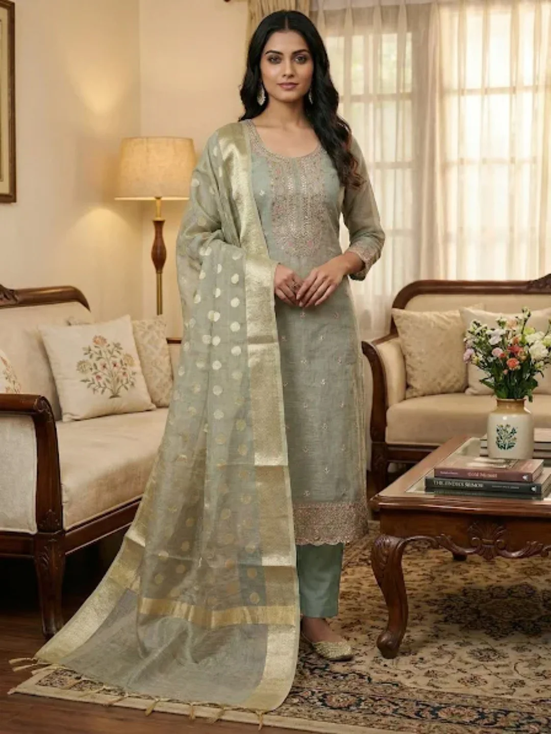 Classic Grey Kota Doria Banarasi Dress Material Embellished With Floral Sequins Embroidery Work