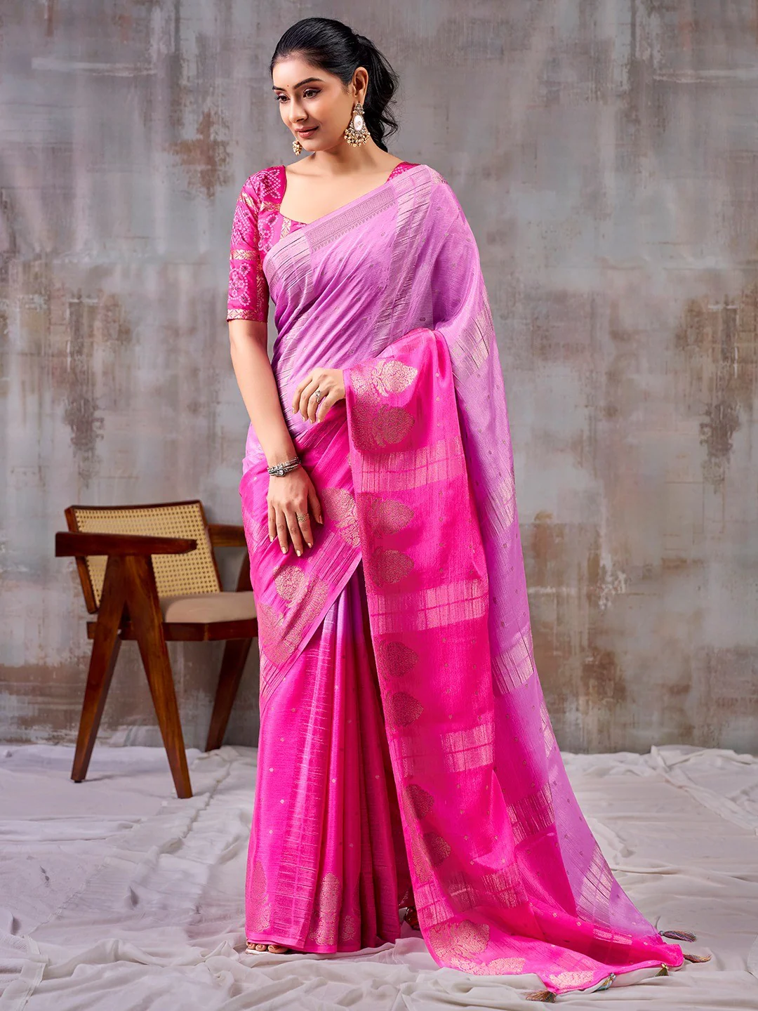 Classic Lavender And Pink Floral Weaving Jacquard Chinon Half & Half Saree With Timeless Charm
