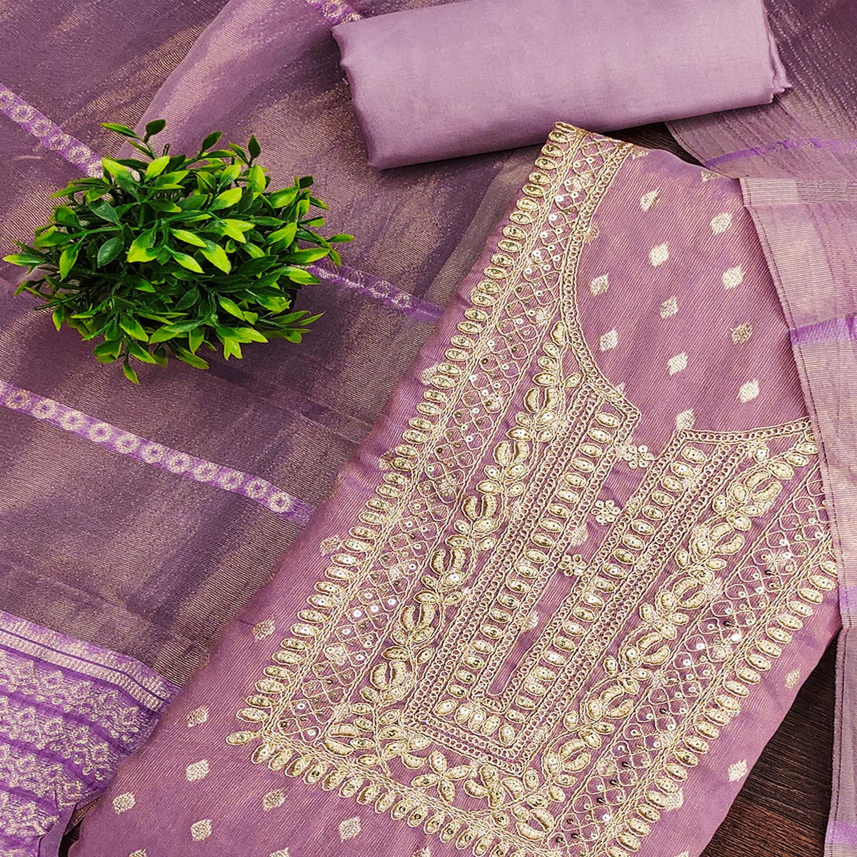 Classic Lavender Butti Weaving Shimmer Dress Material Enhanced With Sequins Cording Embroidery - Image 2