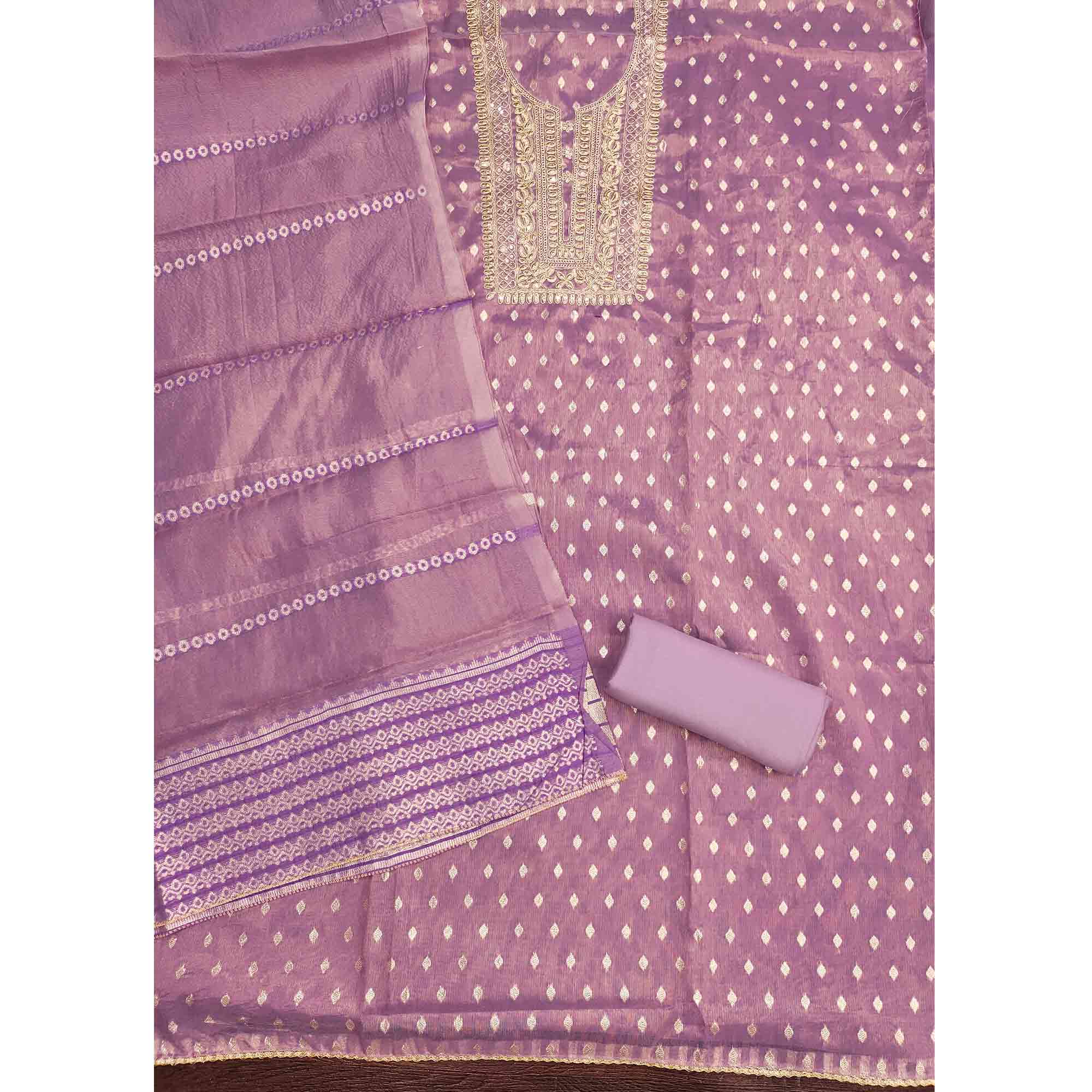 Classic Lavender Butti Weaving Shimmer Dress Material Enhanced With Sequins Cording Embroidery - Image 3