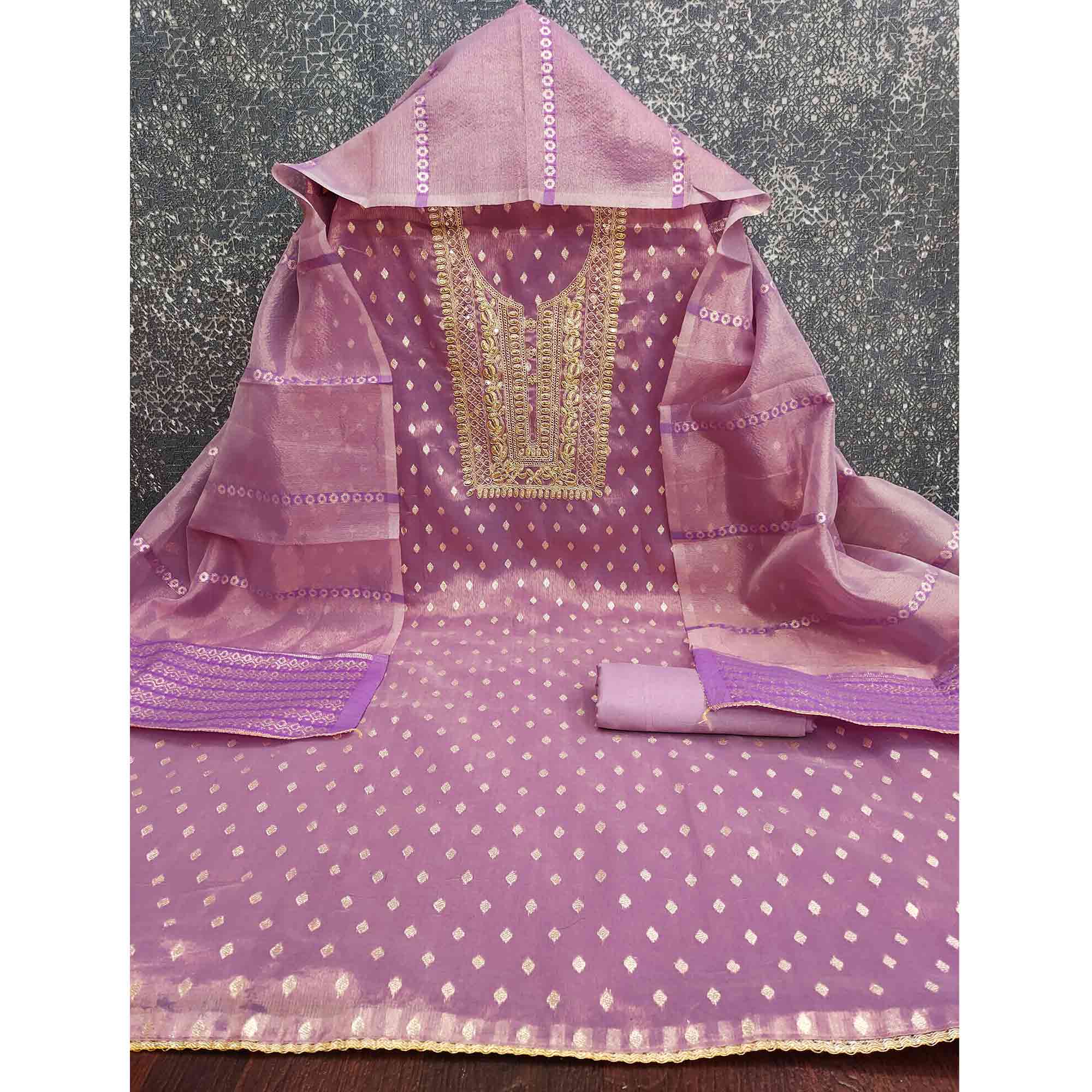 Classic Lavender Butti Weaving Shimmer Dress Material Enhanced With Sequins Cording Embroidery - Image 4