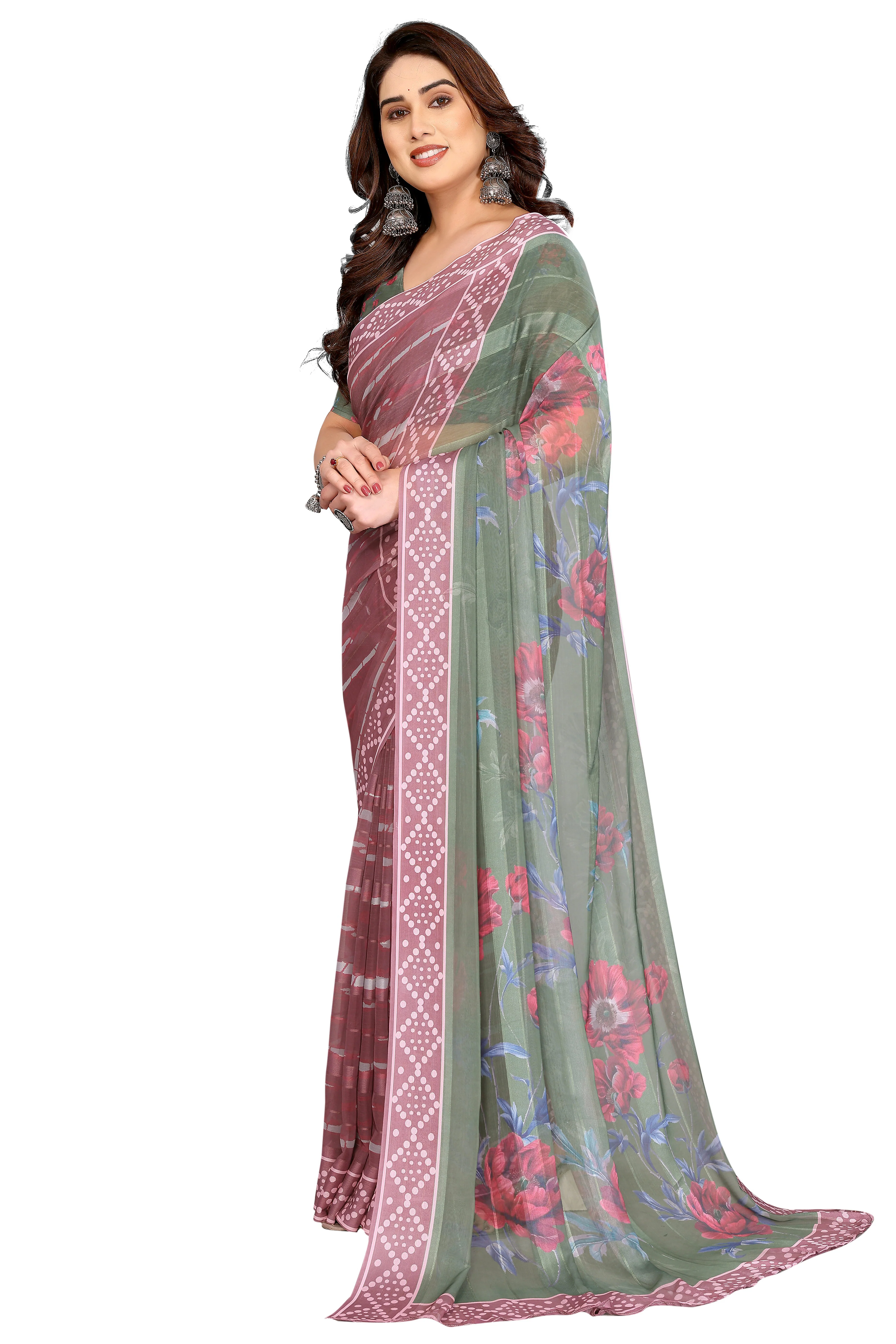 Classic Light Mauve Floral Digital Print Georgette Saree With Refined Zari & Stylish Striped - Image 3