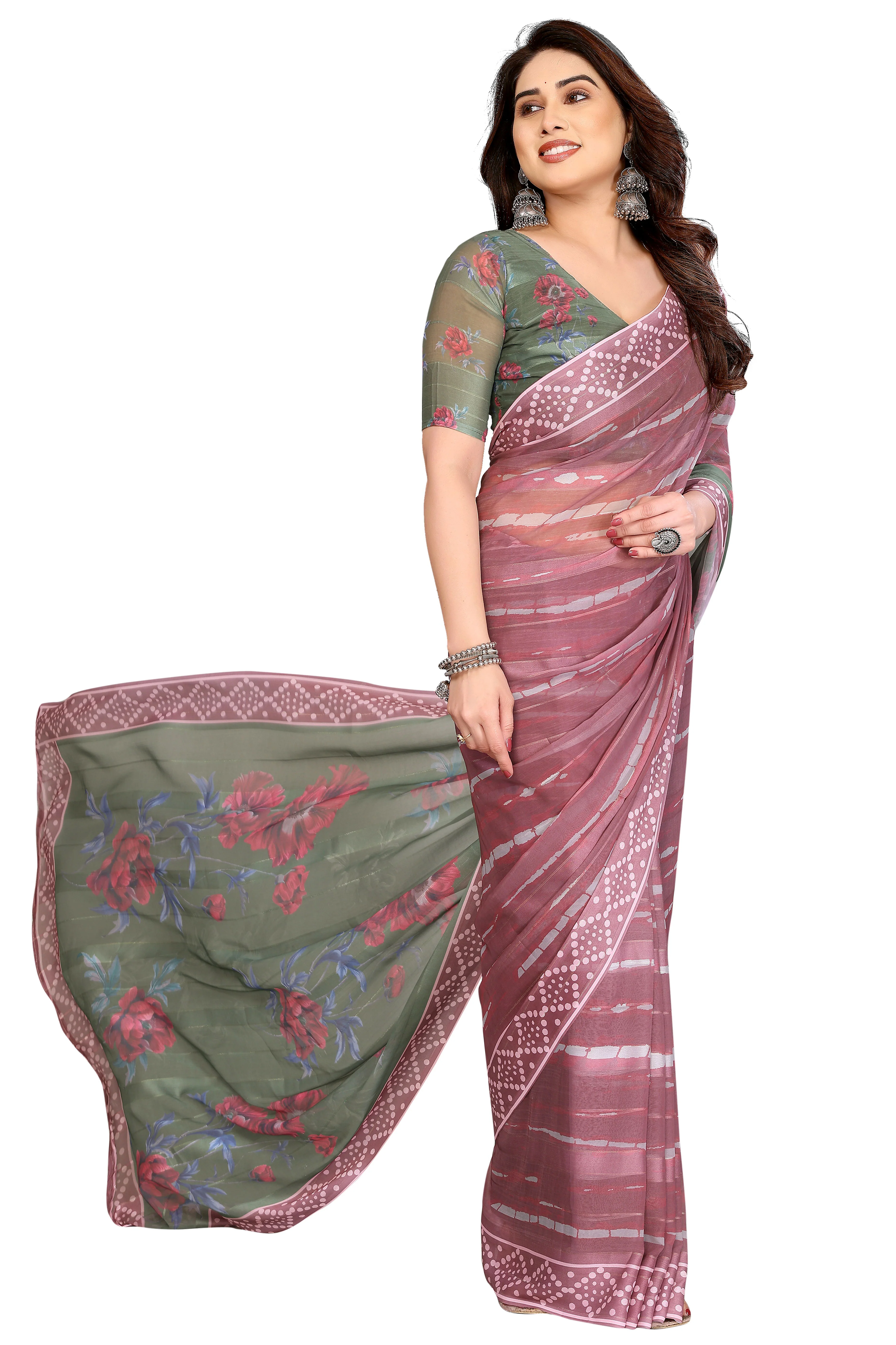 Classic Light Mauve Floral Digital Print Georgette Saree With Refined Zari & Stylish Striped - Image 4