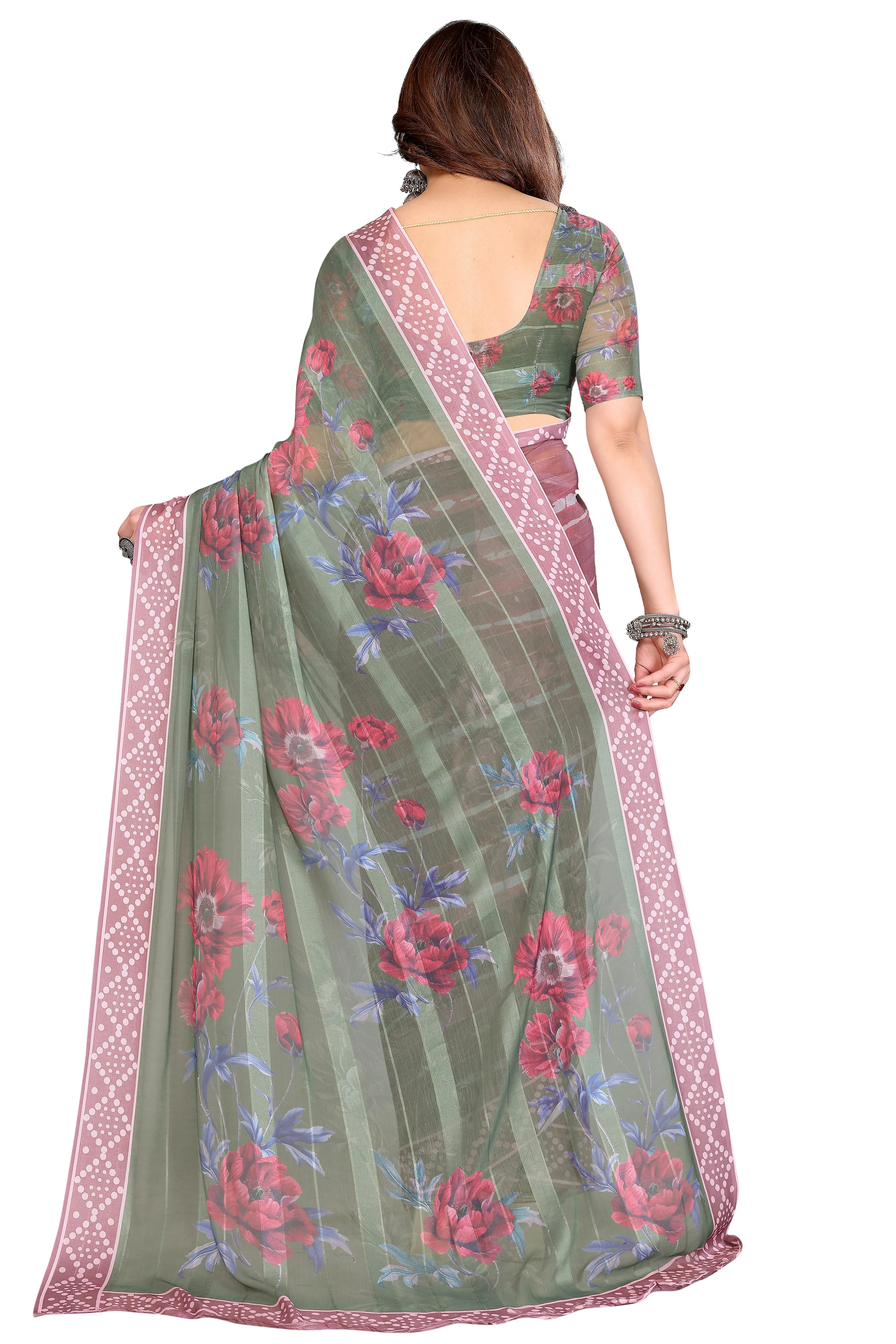 Classic Light Mauve Floral Digital Print Georgette Saree With Refined Zari & Stylish Striped - Image 5